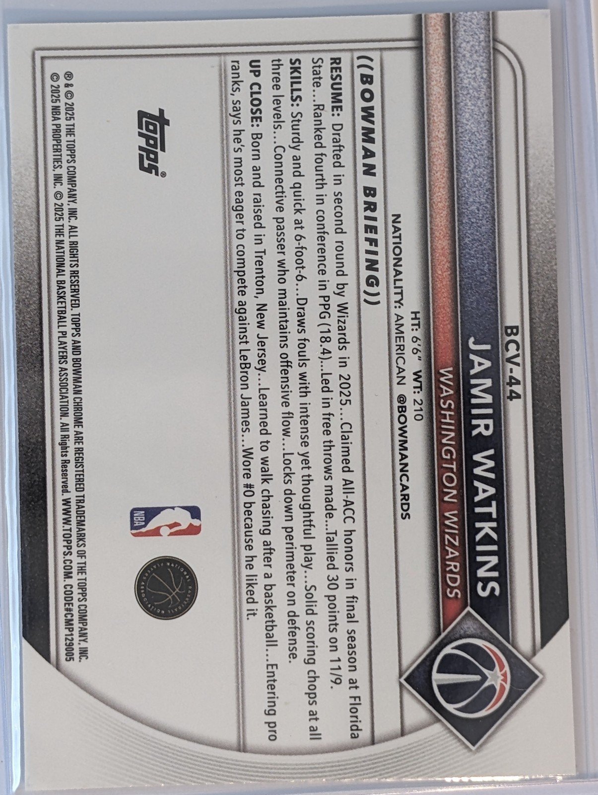 Back of 2025-26 Bowman #BCV-44 Jamir Watkins Chrome Mojo Refractors