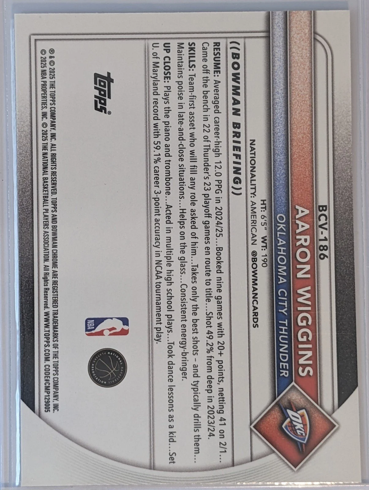 Back of 2025-26 Bowman #BCV-186 Aaron Wiggins Chrome Mojo Refractors