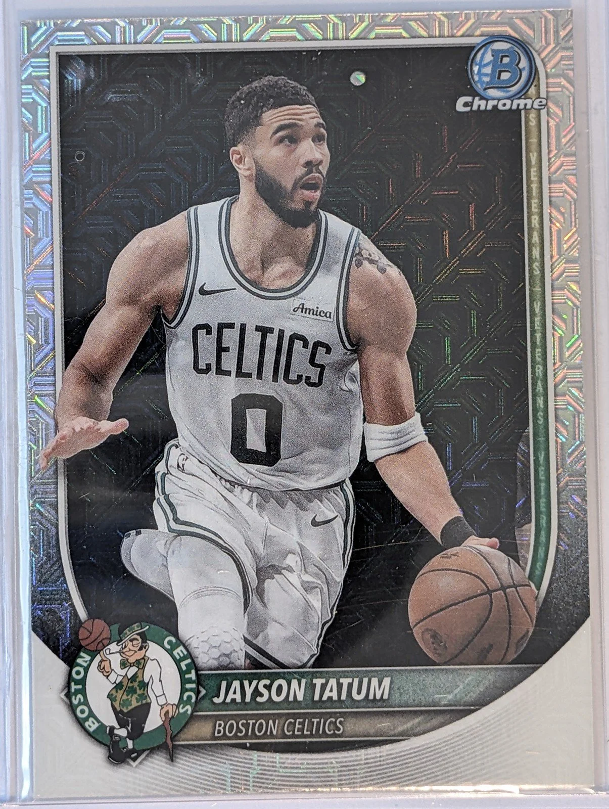 Front of 2025-26 Bowman #BCV-56 Jayson Tatum Chrome Mojo Refractors