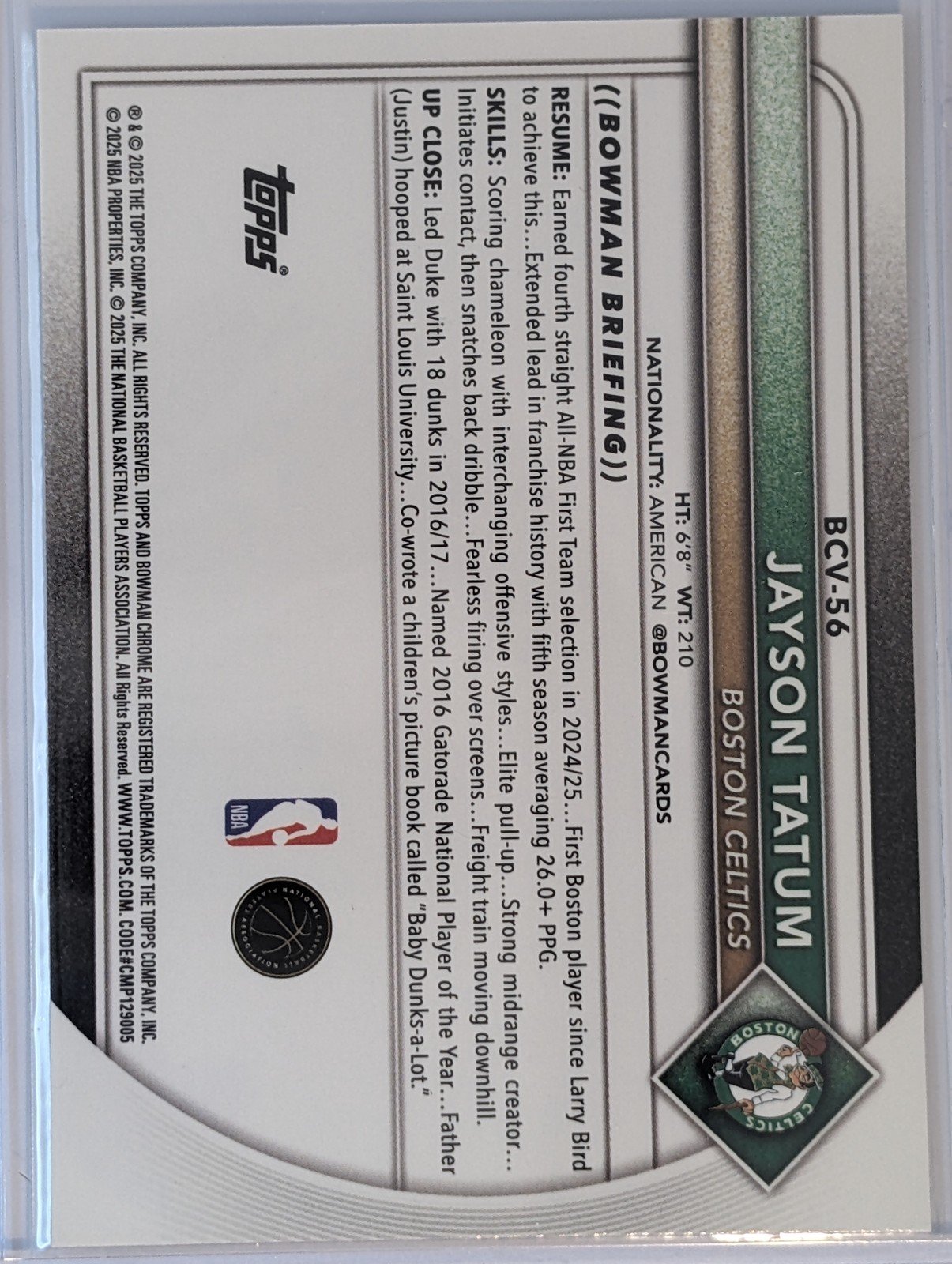 Back of 2025-26 Bowman #BCV-56 Jayson Tatum Chrome Mojo Refractors