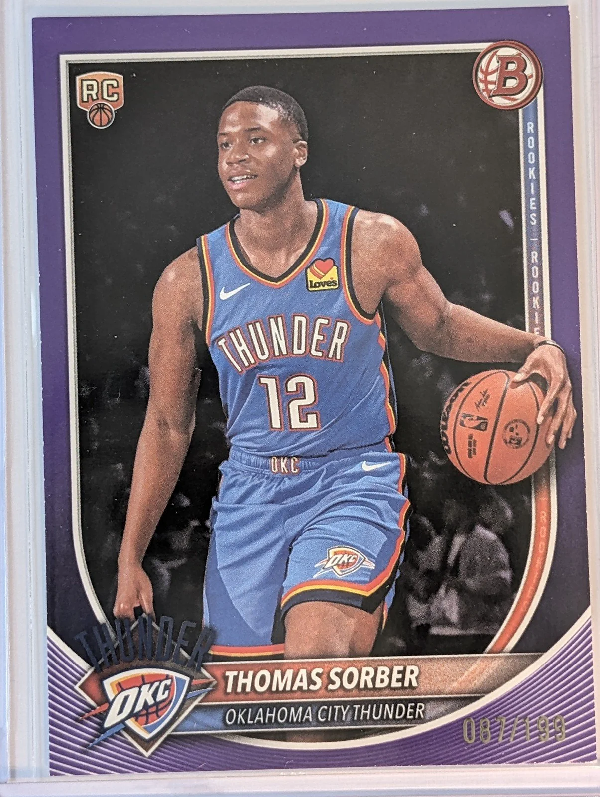 Front of 2025-26 Bowman #15 Thomas Sorber Purple Pattern Border #/199