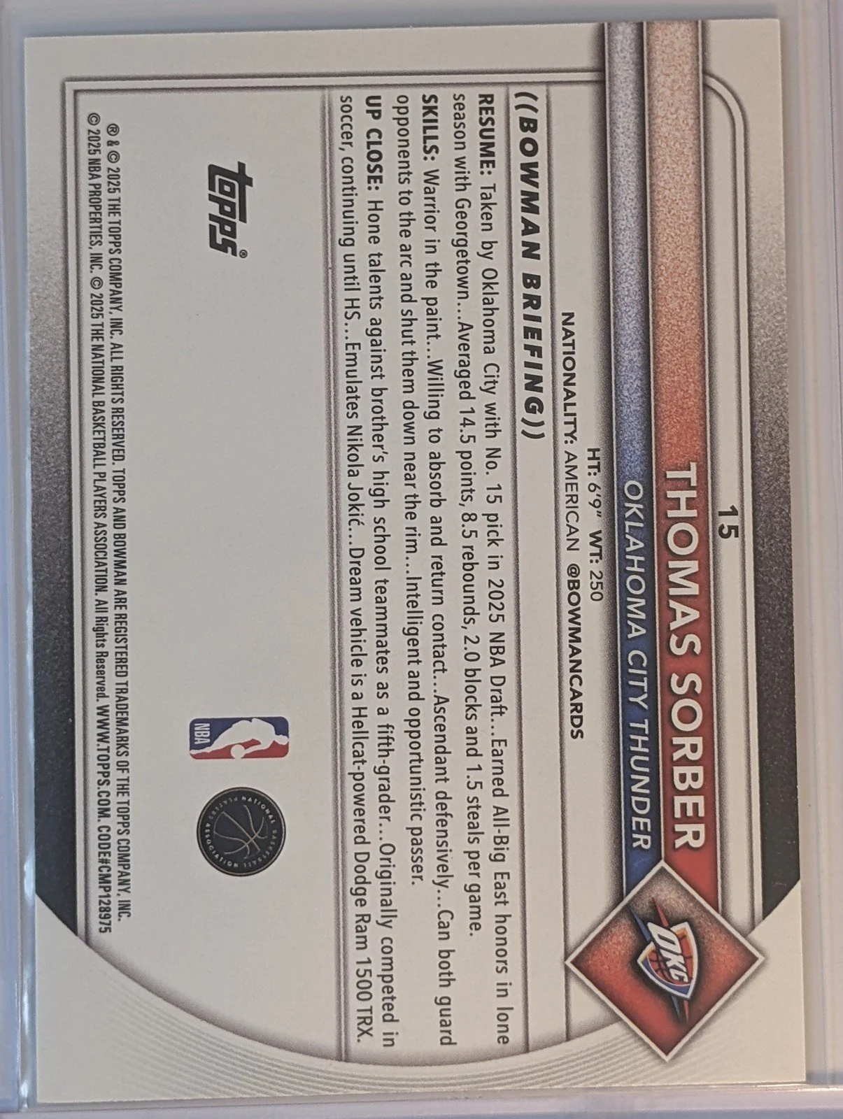 Back of 2025-26 Bowman #15 Thomas Sorber Purple Pattern Border #/199