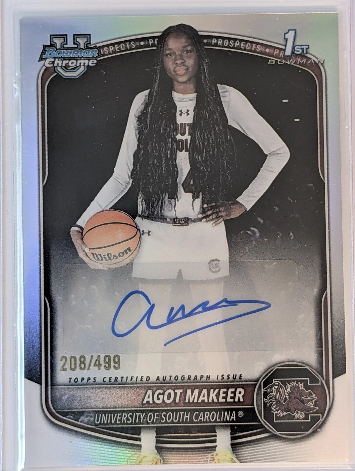Front of 2025-26 Bowman #CPA-AM Agot Makeer Chrome Prospect Autographs Refractor #/499
