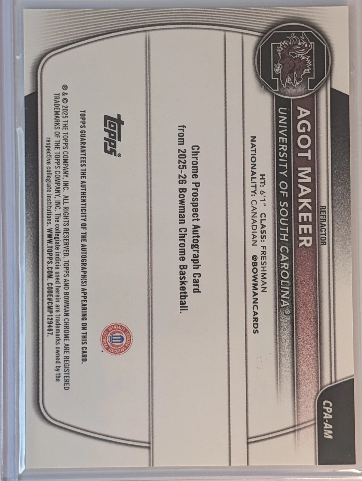 Back of 2025-26 Bowman #CPA-AM Agot Makeer Chrome Prospect Autographs Refractor #/499