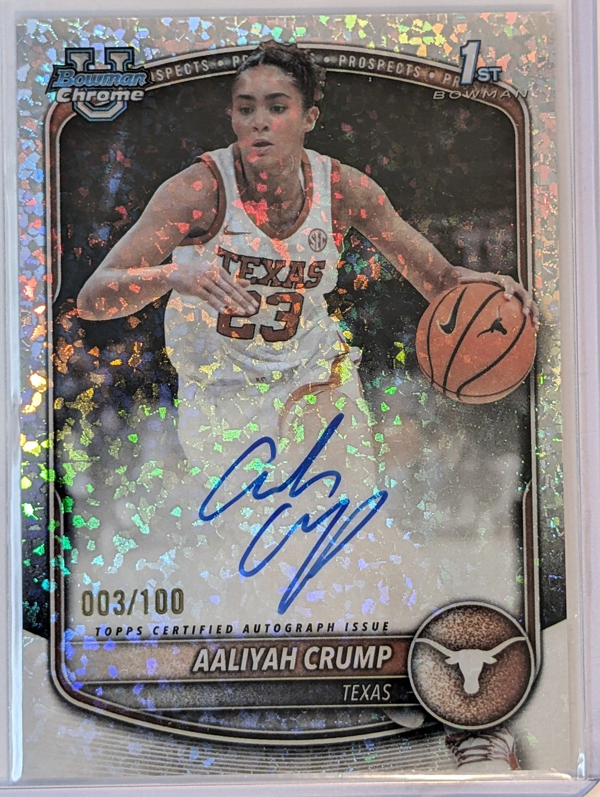 Front of 2025-26 Bowman #CPA-AC Aaliyah Crump Prospect Auto Mini-Diamond Refractor #/100