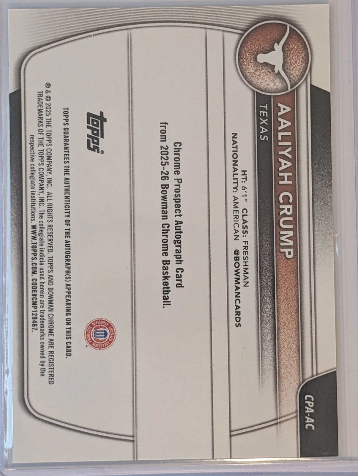 Back of 2025-26 Bowman #CPA-AC Aaliyah Crump Prospect Auto Mini-Diamond Refractor #/100