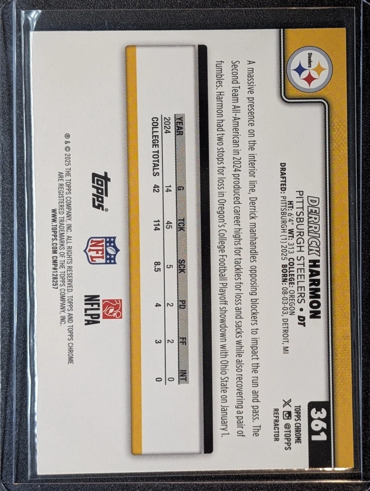 Back of 2025 Topps Chrome #361 Derrick Harmon Refractor