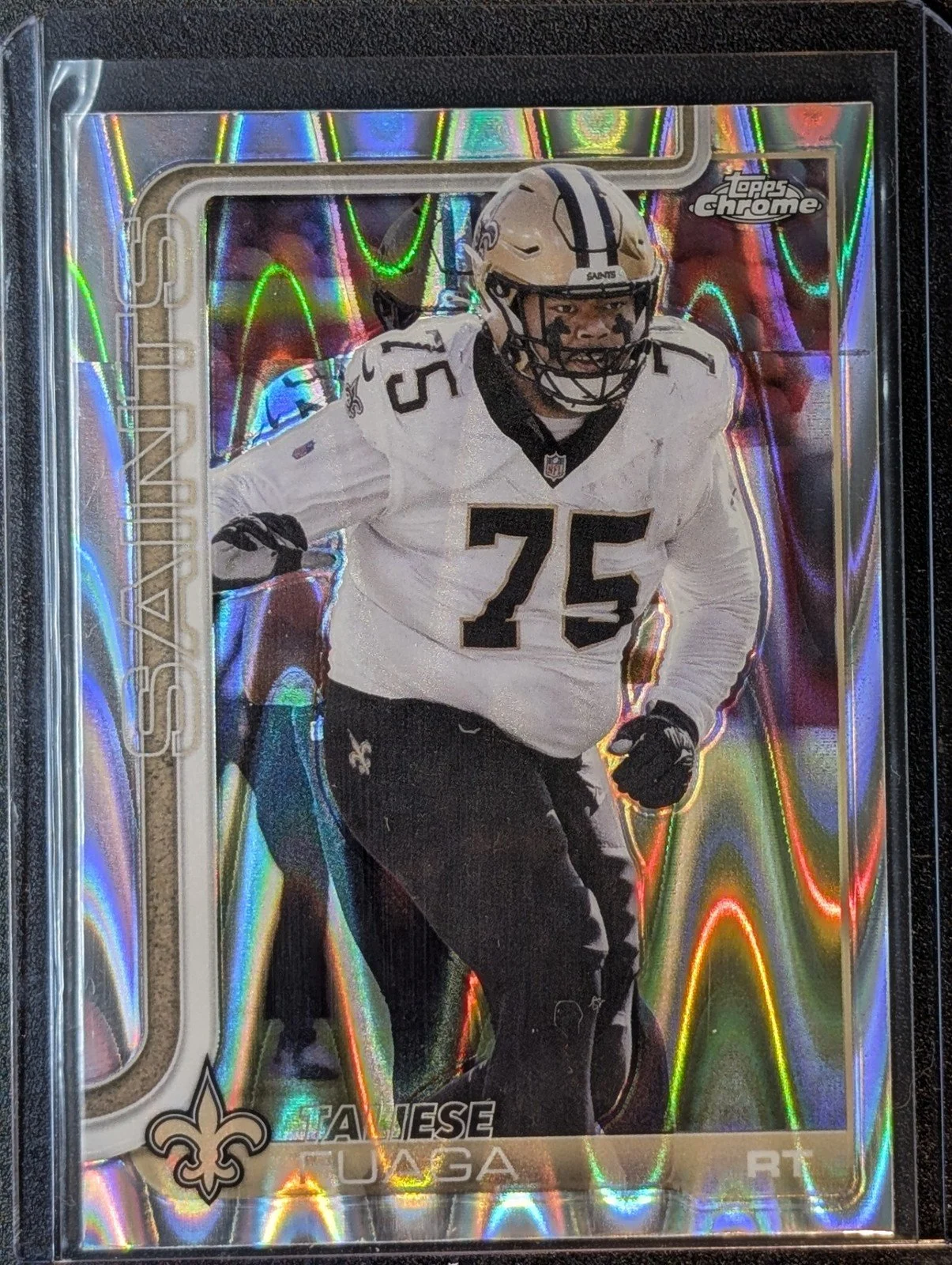 Front of 2025 Topps Chrome #219 Taliese Fuaga Ray Wave Refractor
