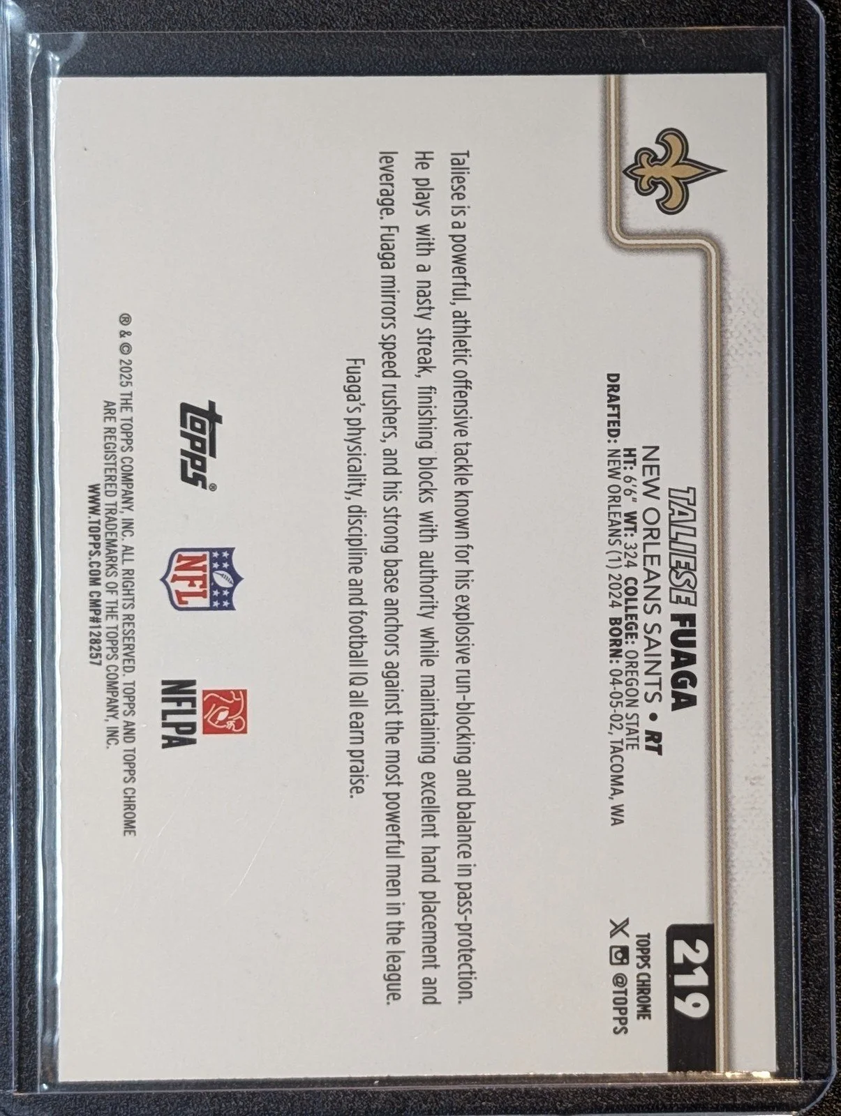 Back of 2025 Topps Chrome #219 Taliese Fuaga Ray Wave Refractor