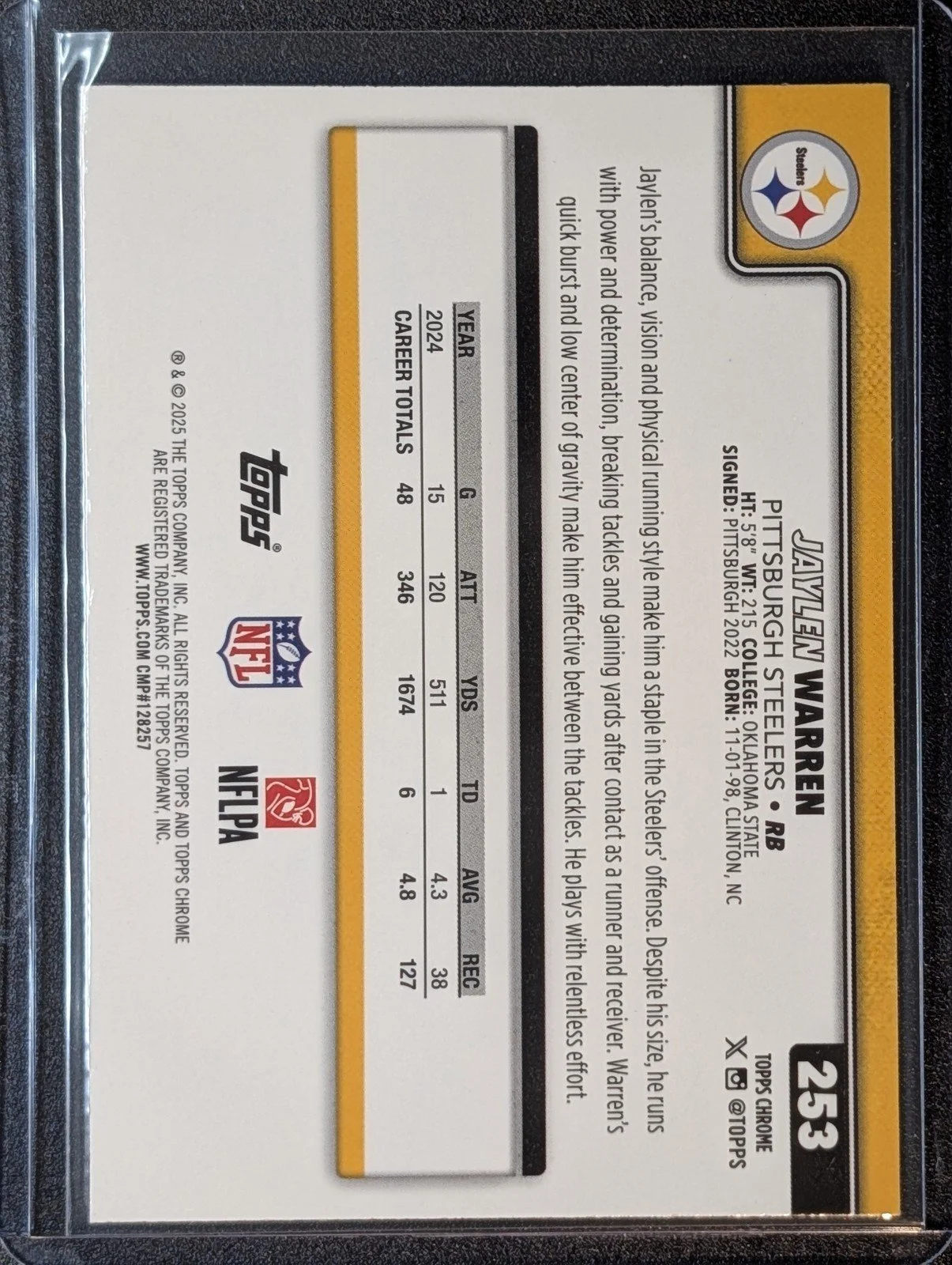 Back of 2025 Topps Chrome #253 Jaylen Warren X-Fractor