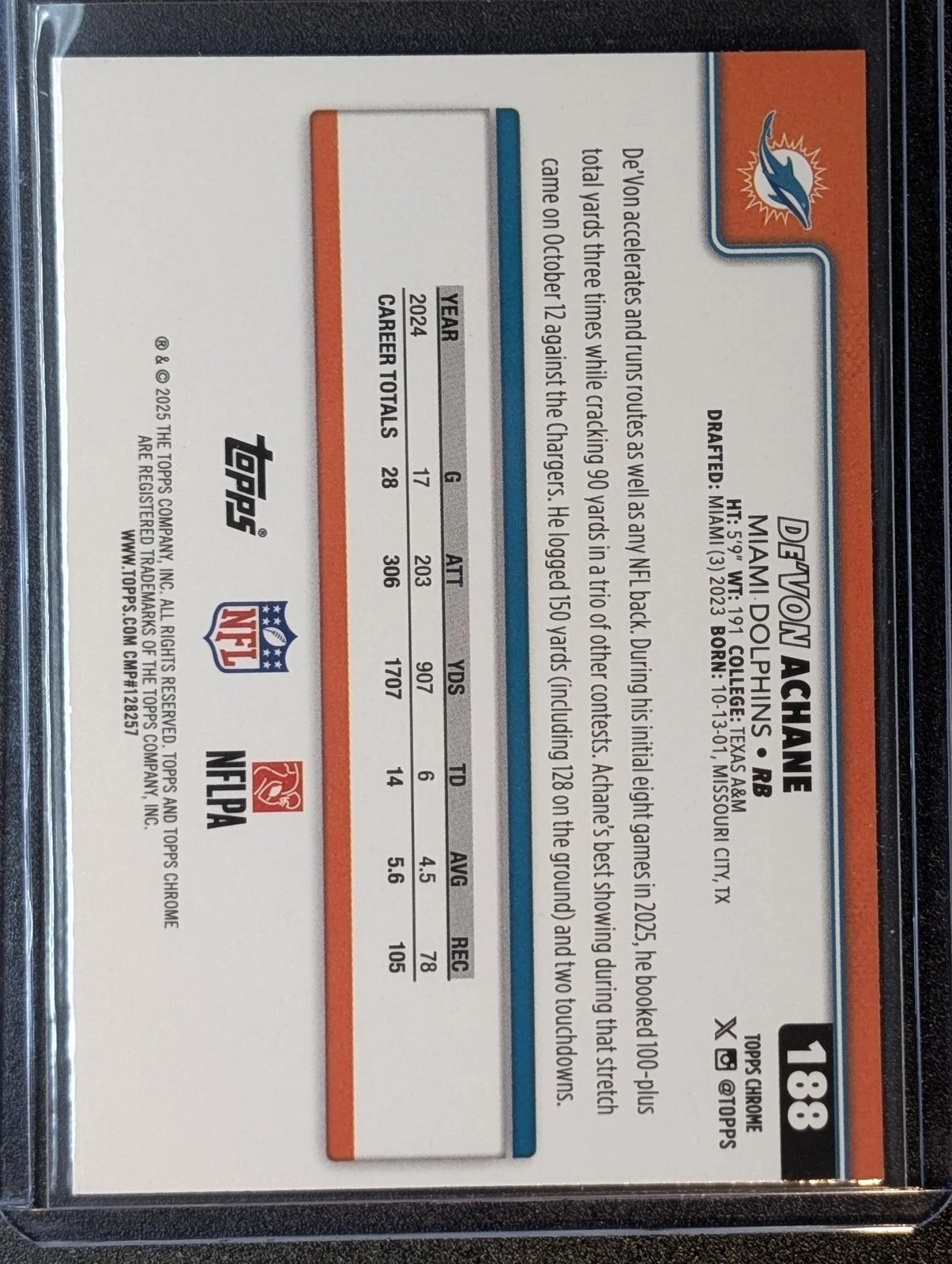 Back of 2025 Topps Chrome #188 De'Von Achane Pink X-Fractor