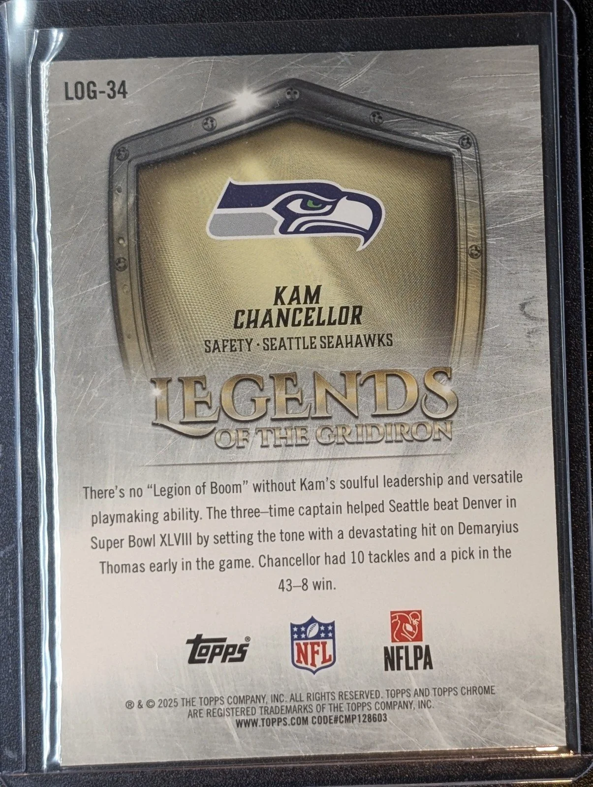 Back of 2025 Topps Chrome #LOG-34 Kam Chancellor Legends of the Gridiron X-Fractor