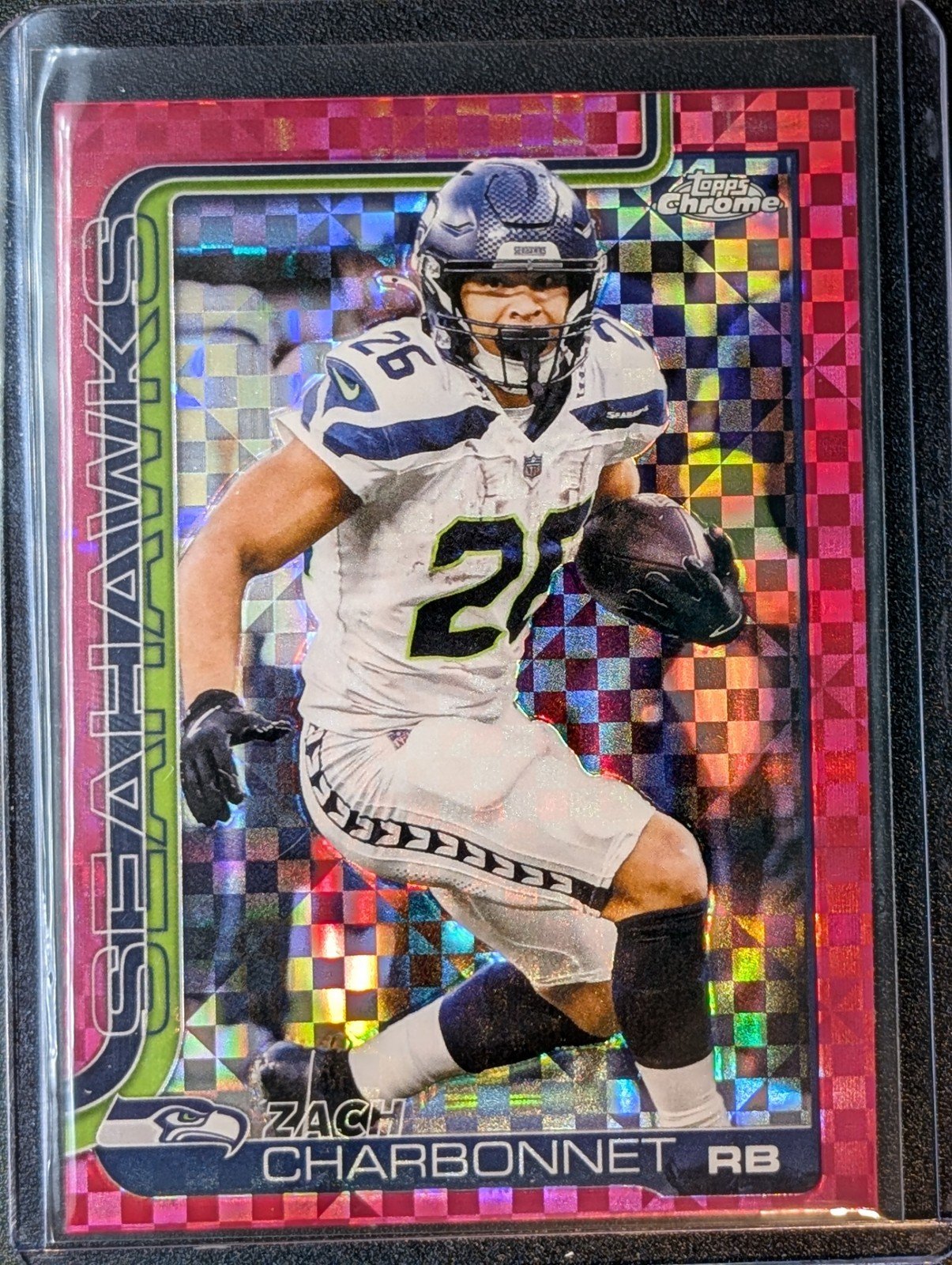 Front of 2025 Topps Chrome #279 Zach Charbonnet Hot Pink X-Fractor