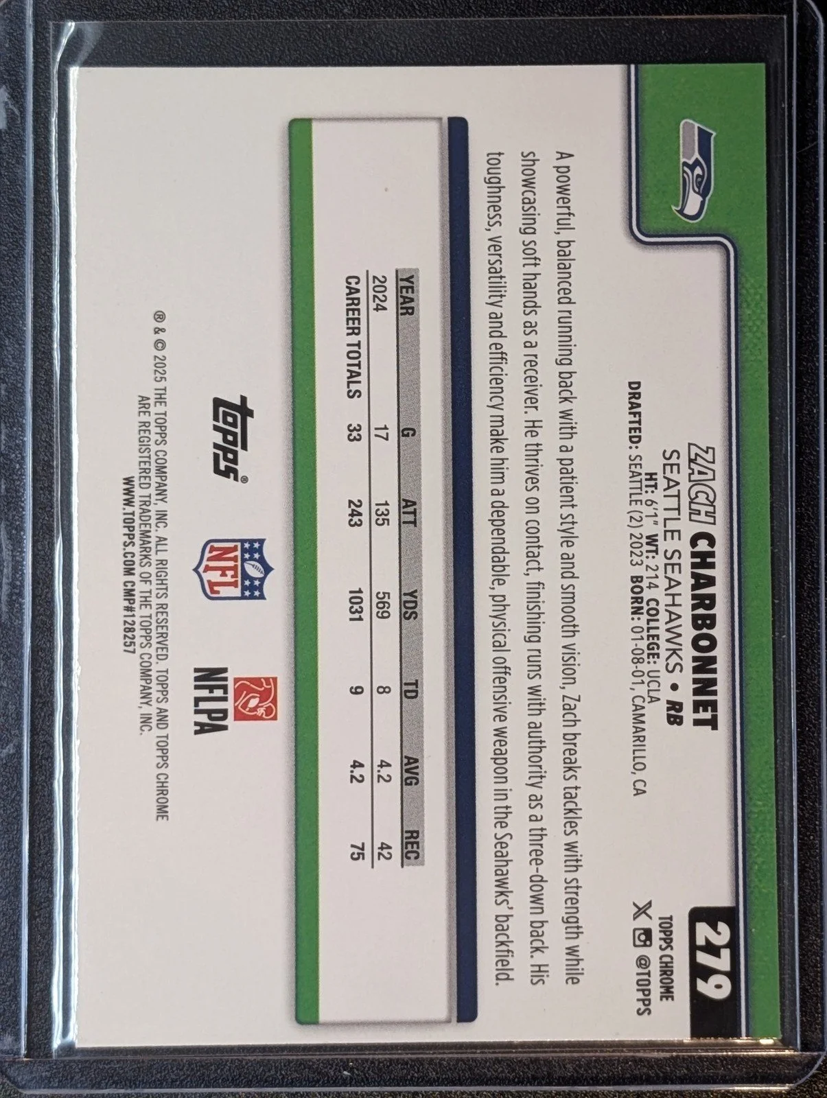 Back of 2025 Topps Chrome #279 Zach Charbonnet Hot Pink X-Fractor