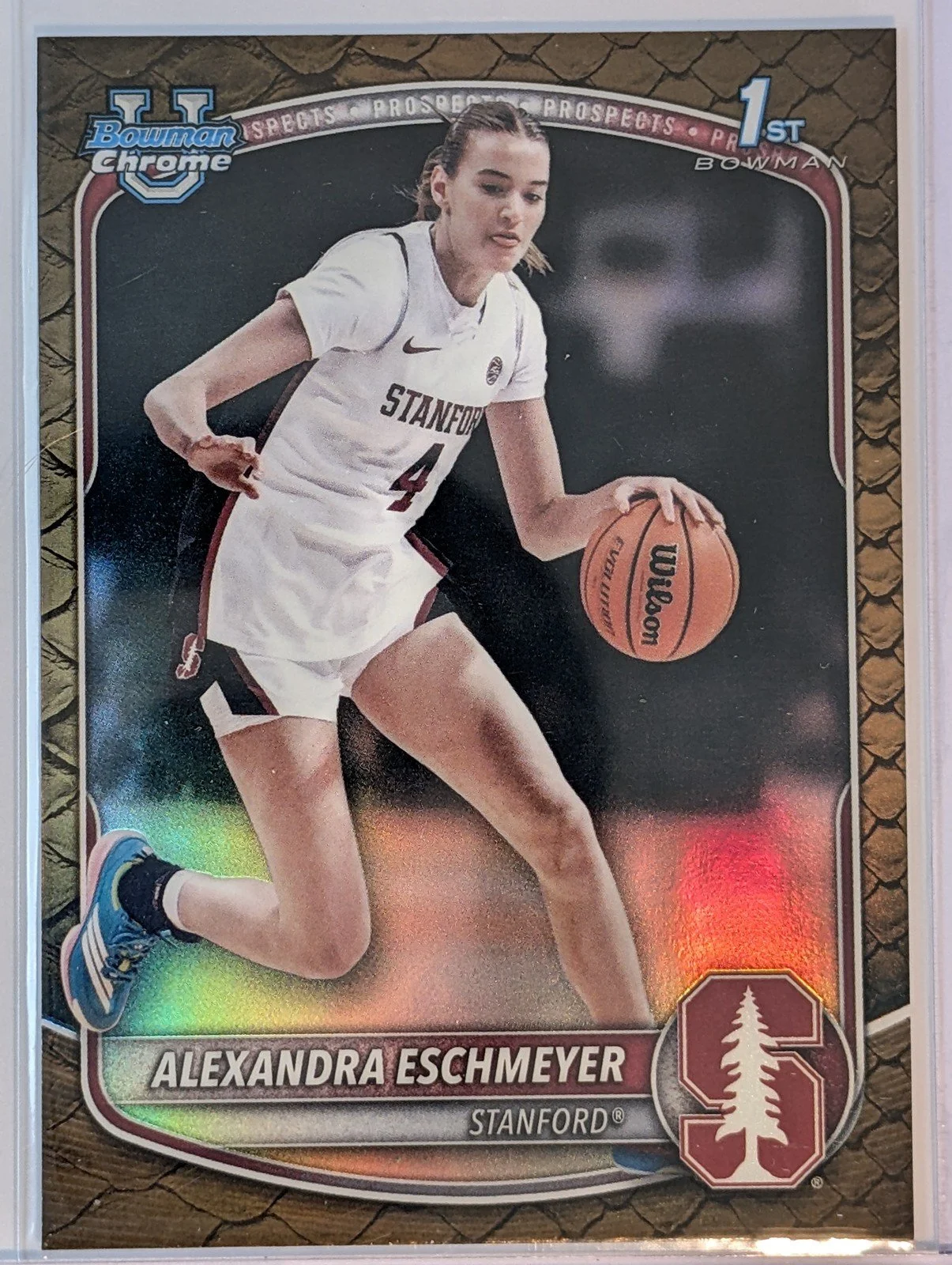 Front of 2025-26 Bowman #BCP-75 Alexandra Eschmeyer Chrome Prospects Reptilian Refractor