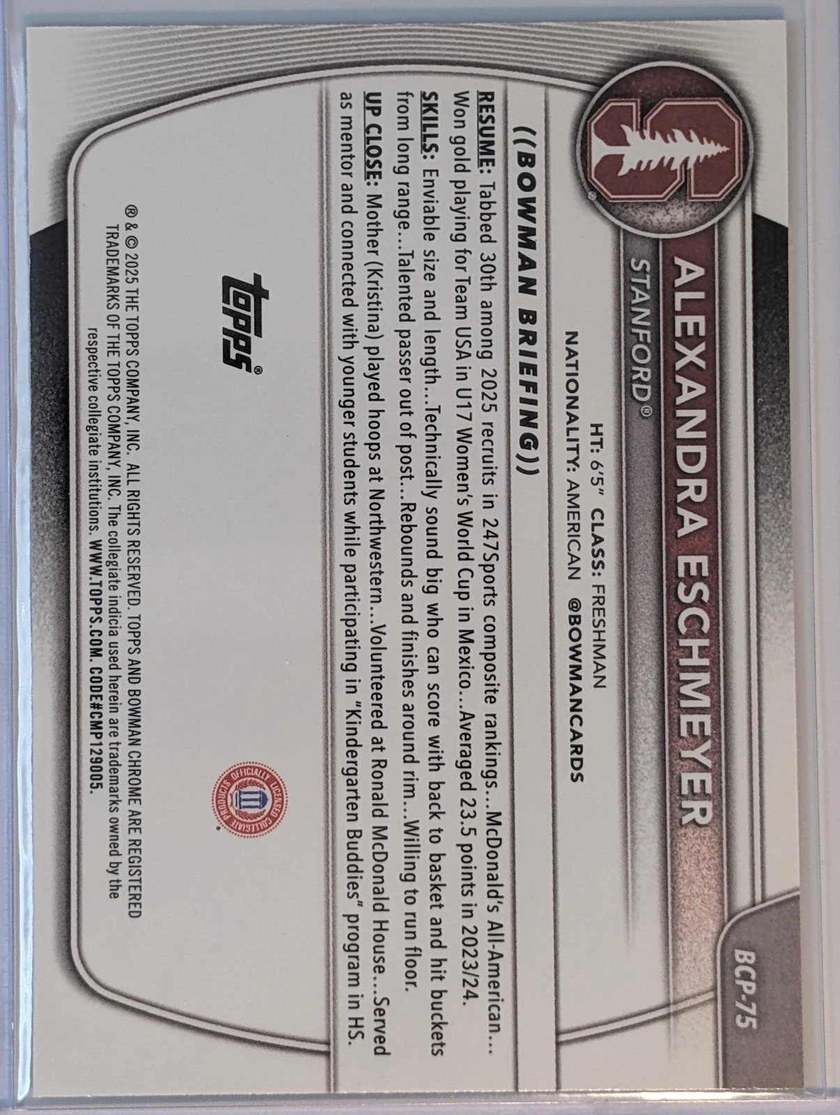 Back of 2025-26 Bowman #BCP-75 Alexandra Eschmeyer Chrome Prospects Reptilian Refractor
