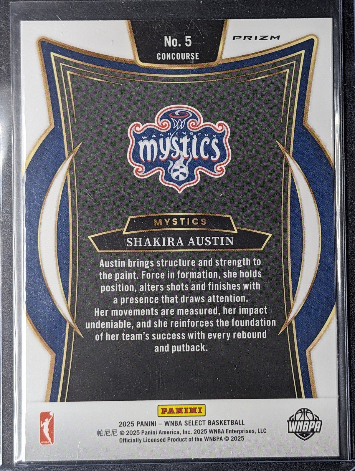 Back of 2025 Panini Select WNBA #5 Shakira Austin Green Ice Prizms