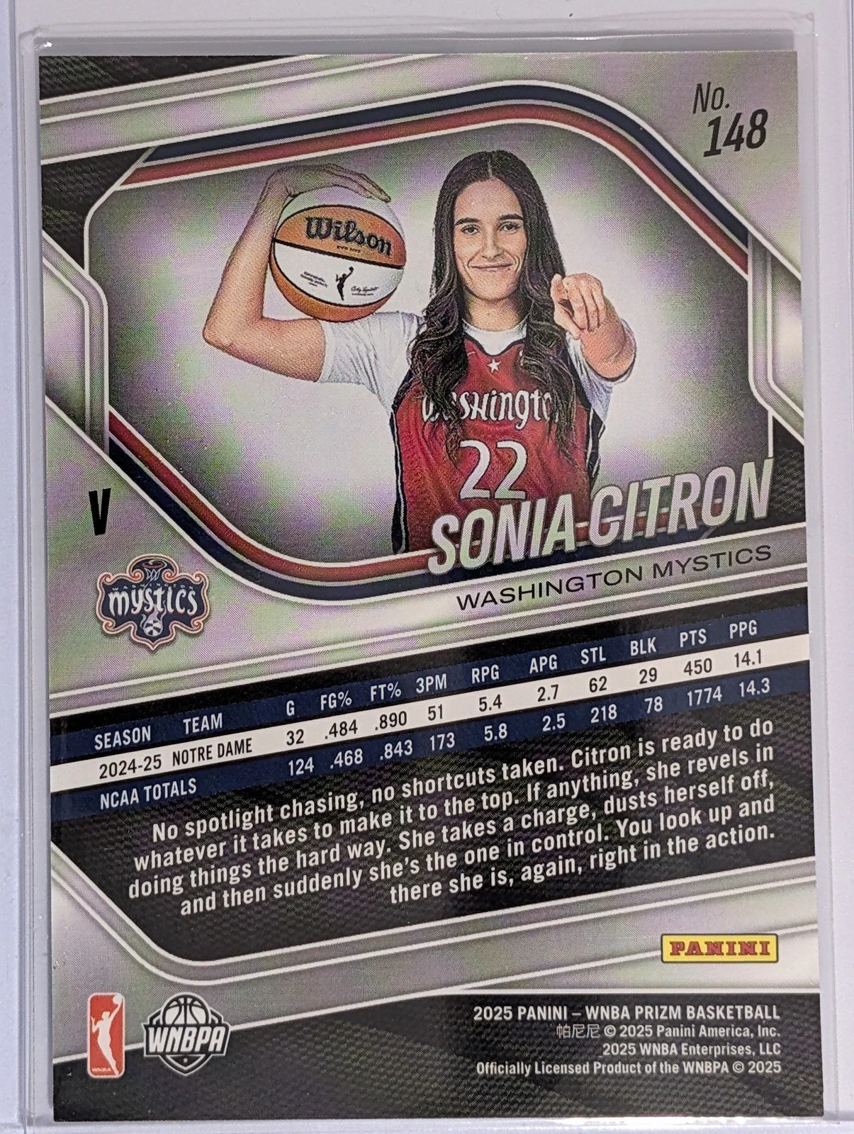 Back of 2025 Panini Prizm WNBA #148 Sonia Citron