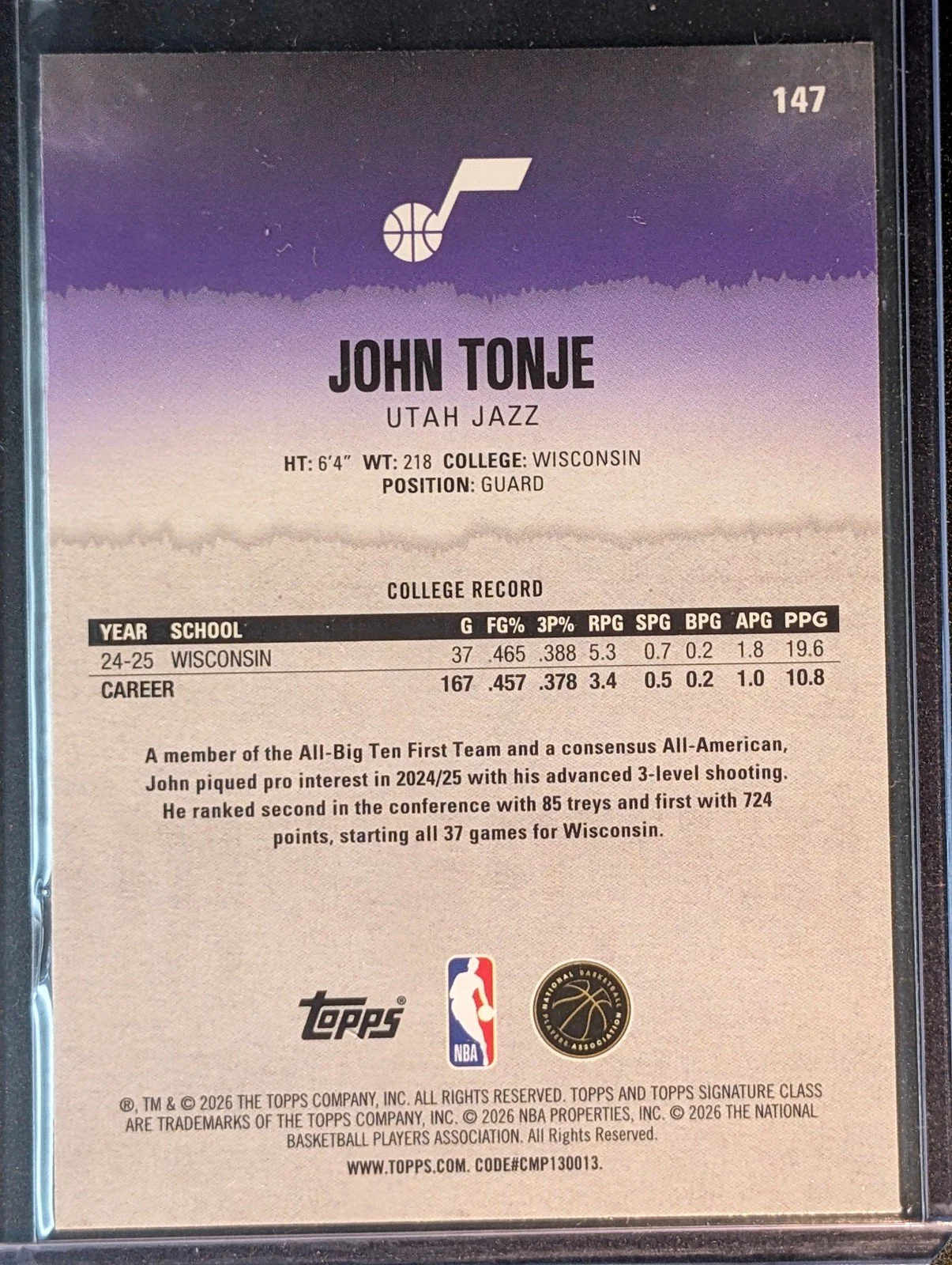 Back of 2025-26 Topps Signature Class #147 John Tonje Chrome Green /175