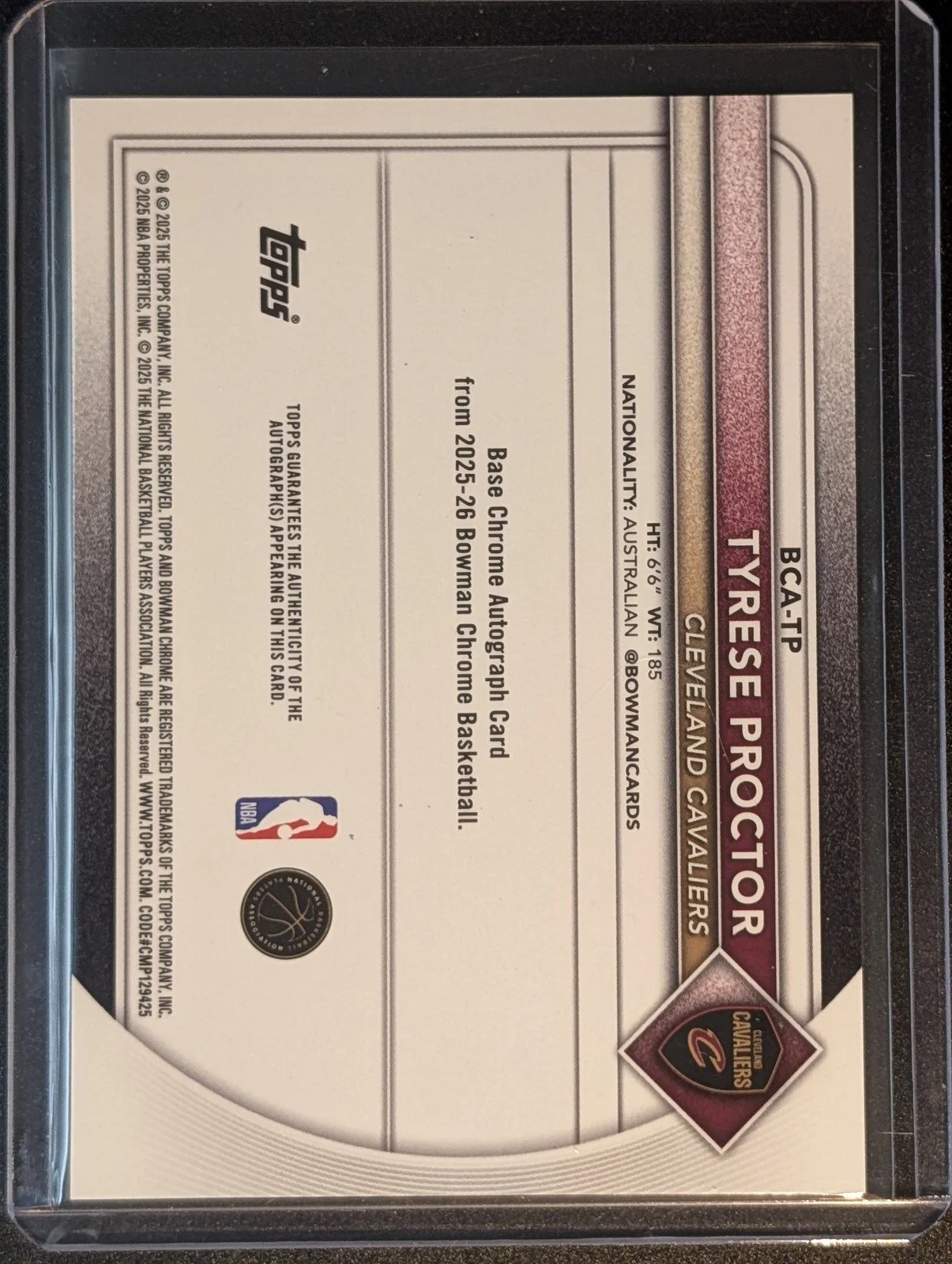 Back of 2025-26 Bowman #BCA-TP Tyrese Proctor Chrome Autographs