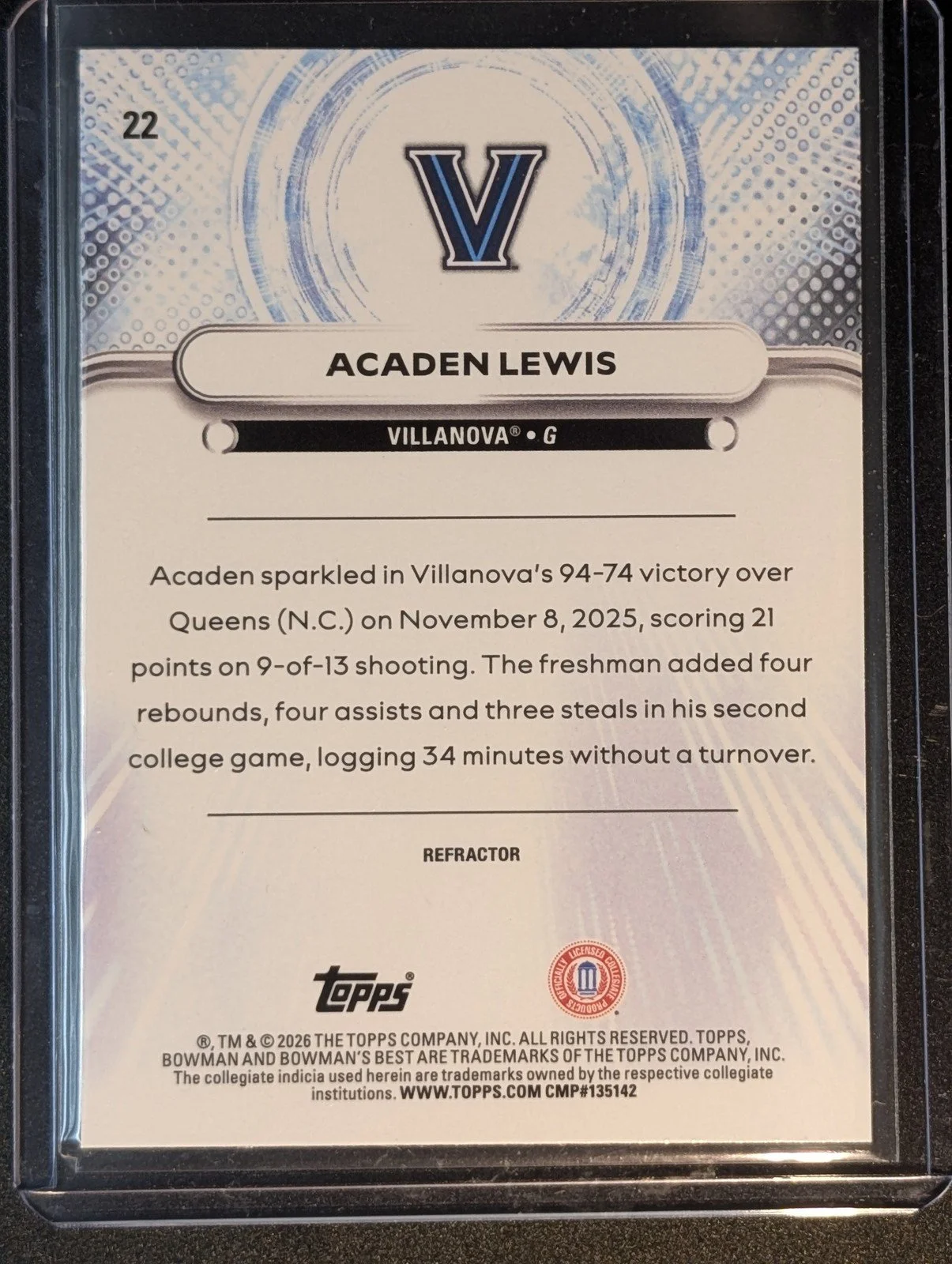Back of 2025-26 Bowman Best #22 Acaden Lewis Refractor