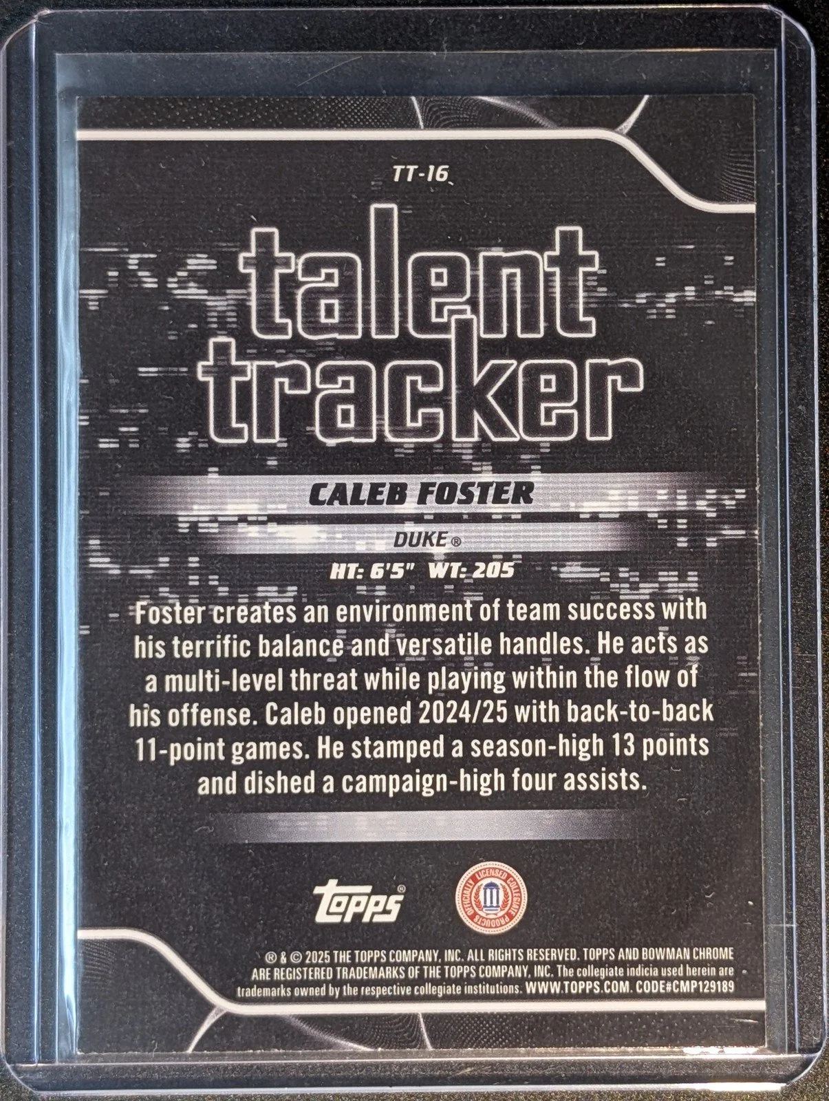 Back of 2025-26 Bowman #TT-16 Caleb Foster Talent Tracker