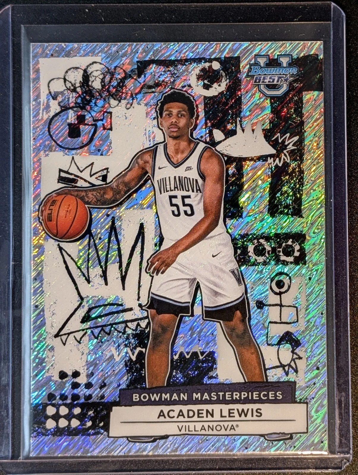 Front of 2025-26 Bowman Best U #BM-15 Acaden Lewis Masterpieces Shimmer Refractor