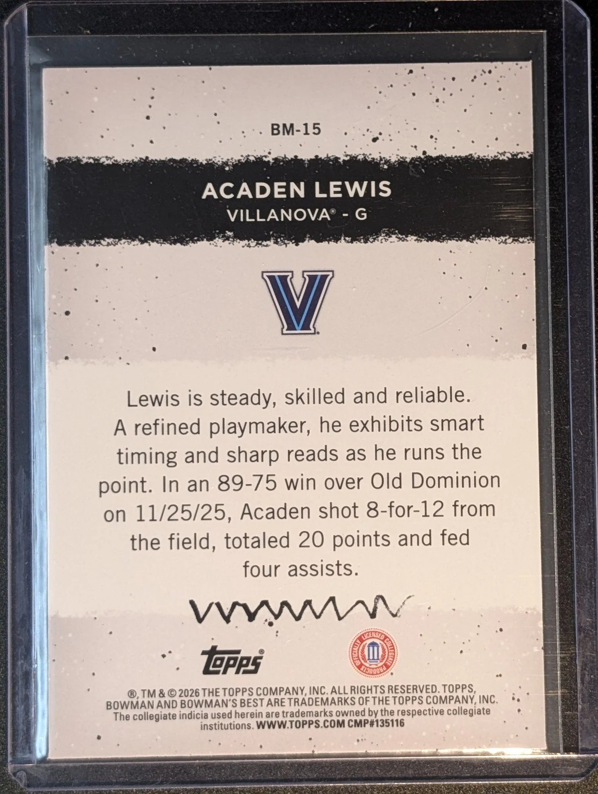 Back of 2025-26 Bowman Best U #BM-15 Acaden Lewis Masterpieces Shimmer Refractor