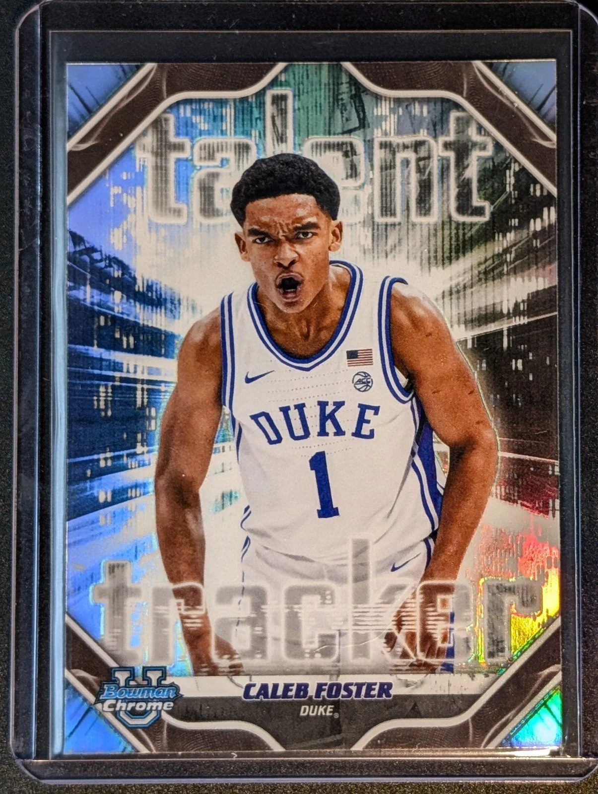 Front of 2025-26 Bowman #TT-16 Caleb Foster Talent Tracker Refractor
