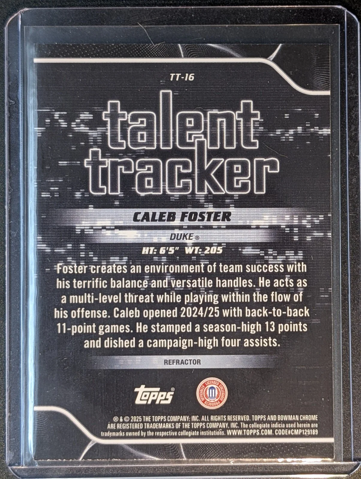 Back of 2025-26 Bowman #TT-16 Caleb Foster Talent Tracker Refractor