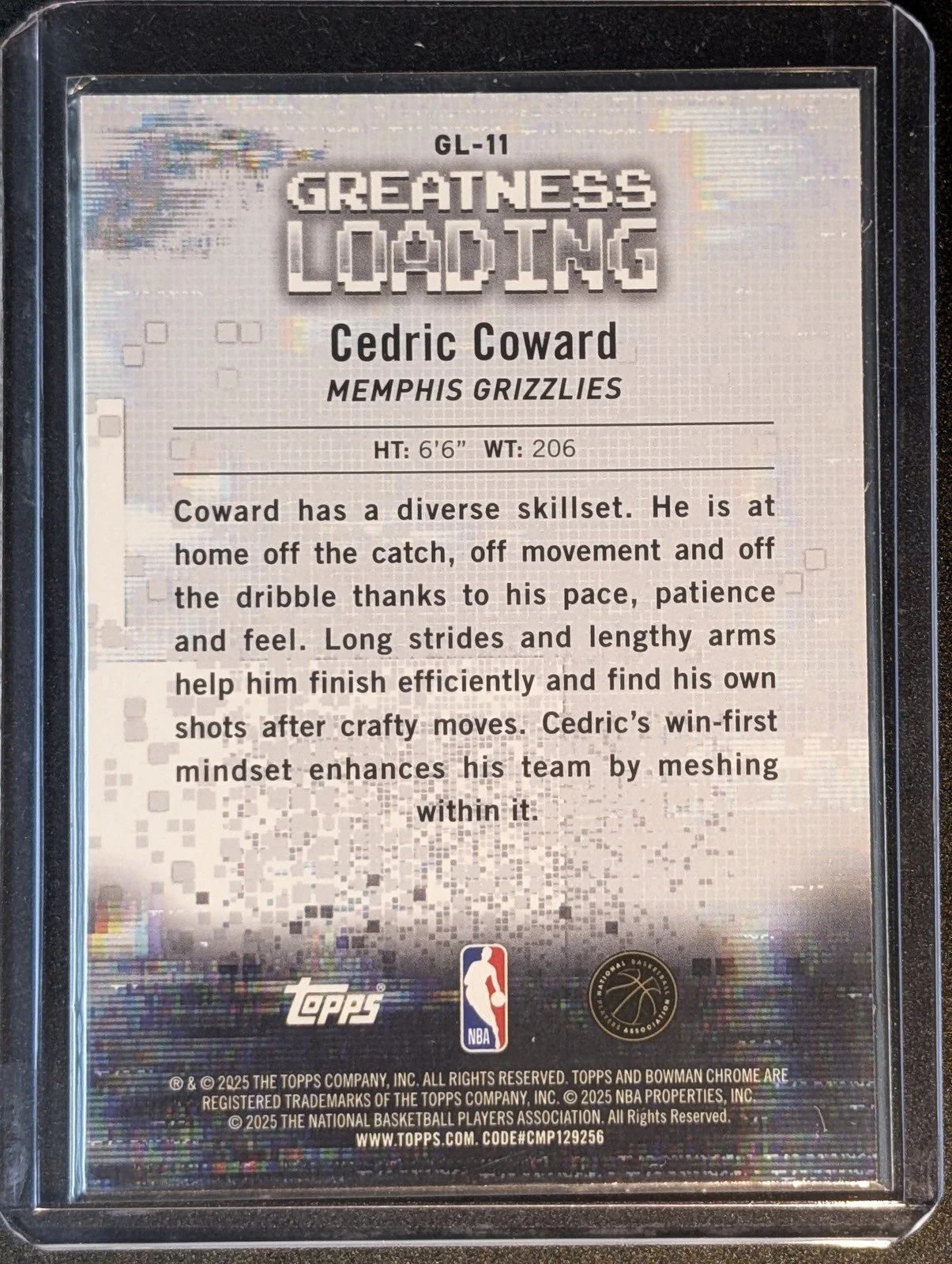 Back of 2025-26 Bowman #GL-11 Cedric Coward Greatness Loading