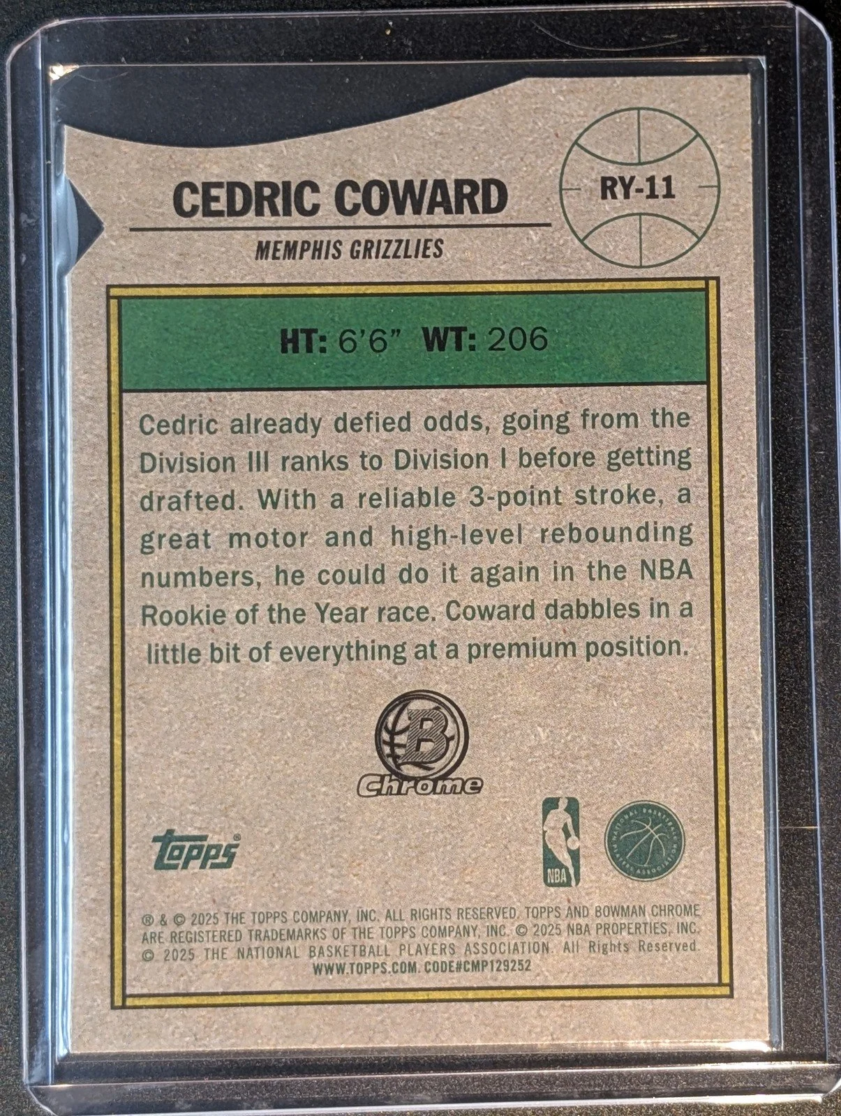 Back of 2025-26 Bowman #RY-11 Cedric Coward Rookie of the Year Favorites