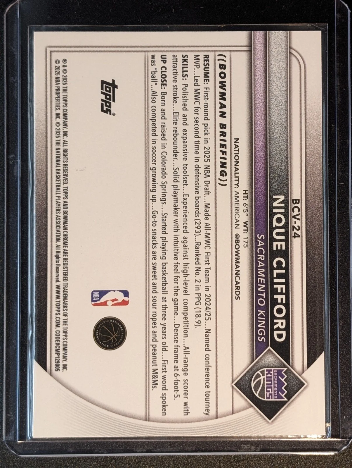 Back of 2025-26 Bowman #BCV-24 Nique Clifford Chrome