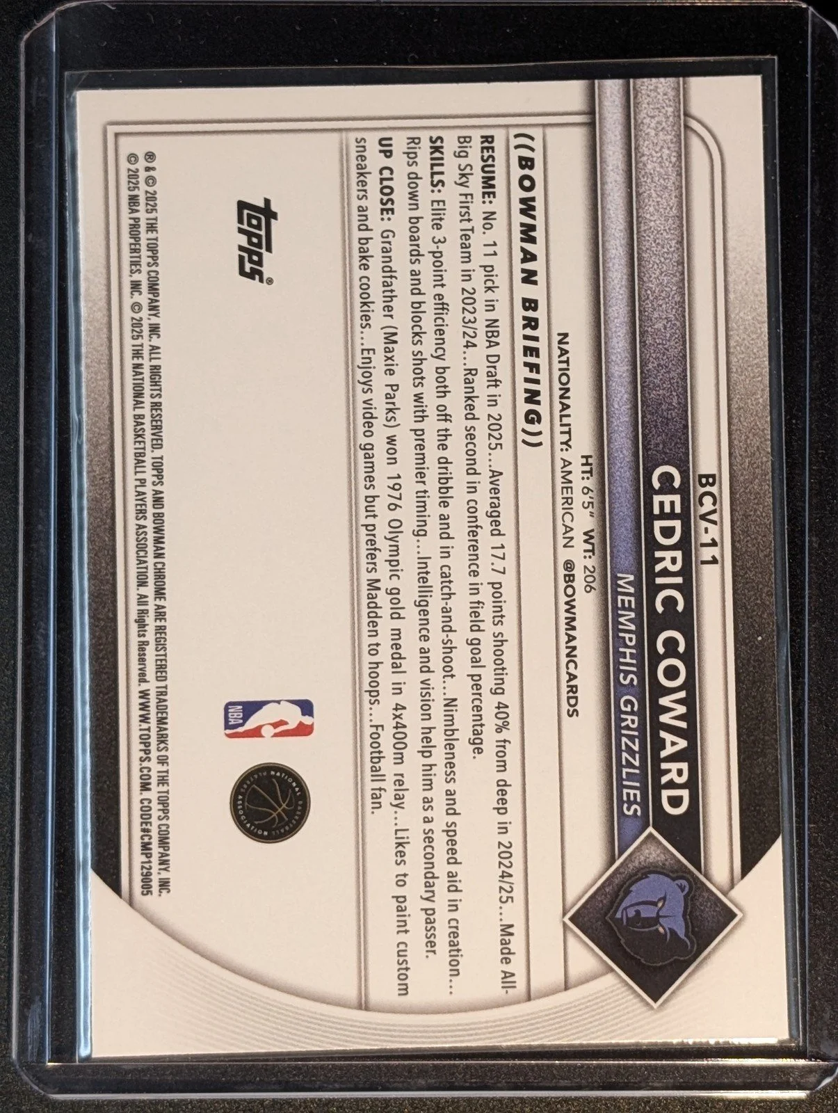 Back of 2025-26 Bowman #BCV-11 Cedric Coward Chrome