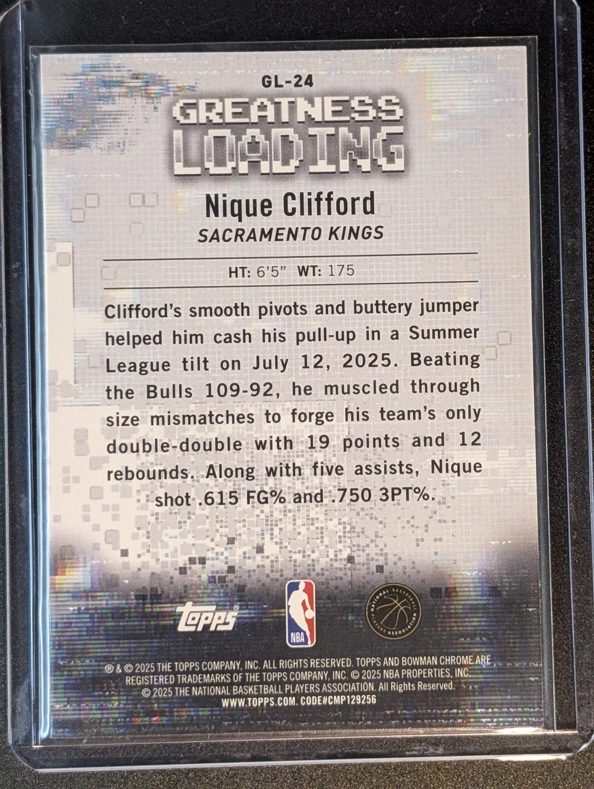 Back of 2025-26 Bowman #GL-24 Nique Clifford Greatness Loading