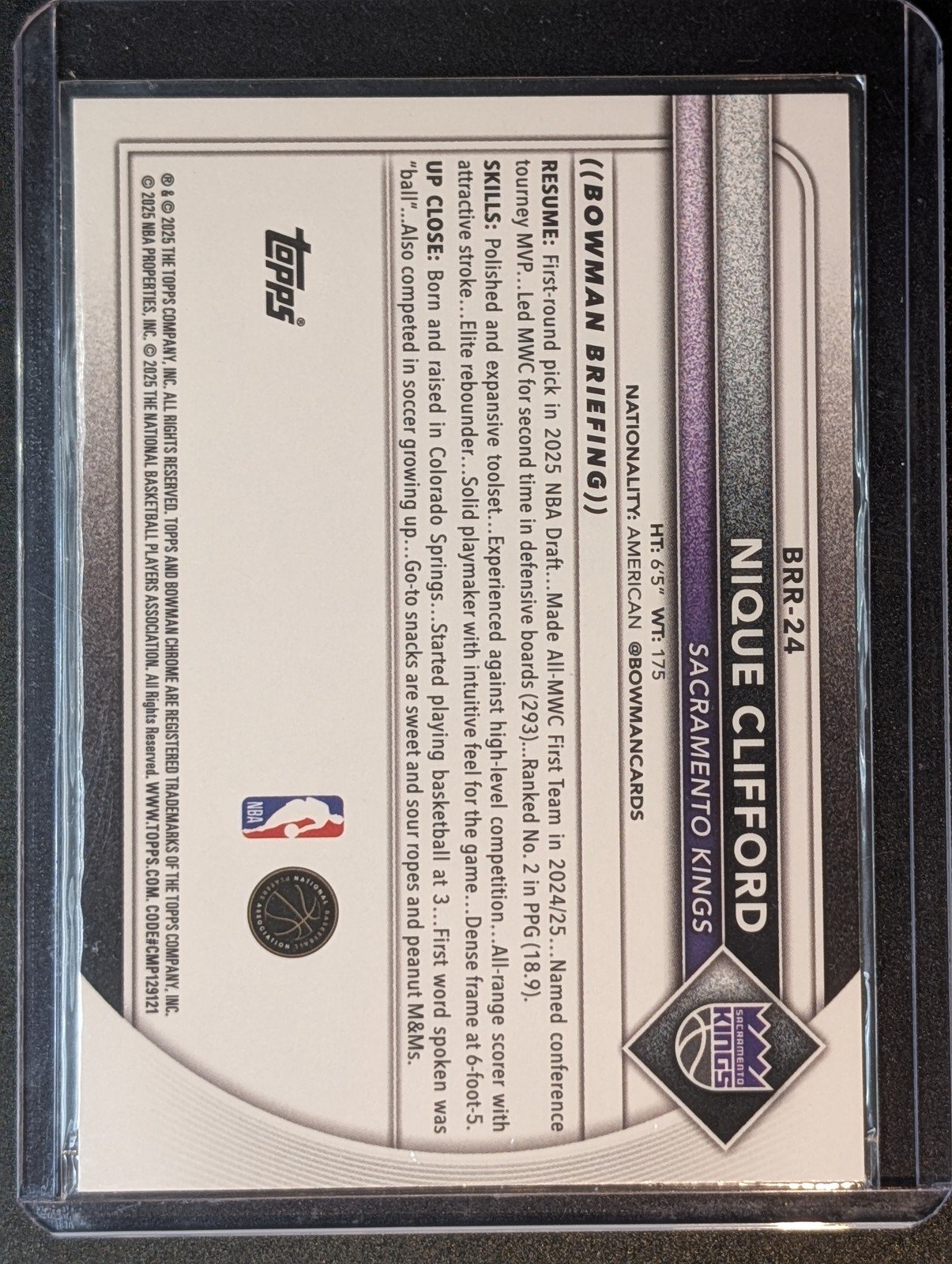 Back of 2025-26 Bowman #BRR-24 Nique Clifford Chrome Rookie Red RC Logo