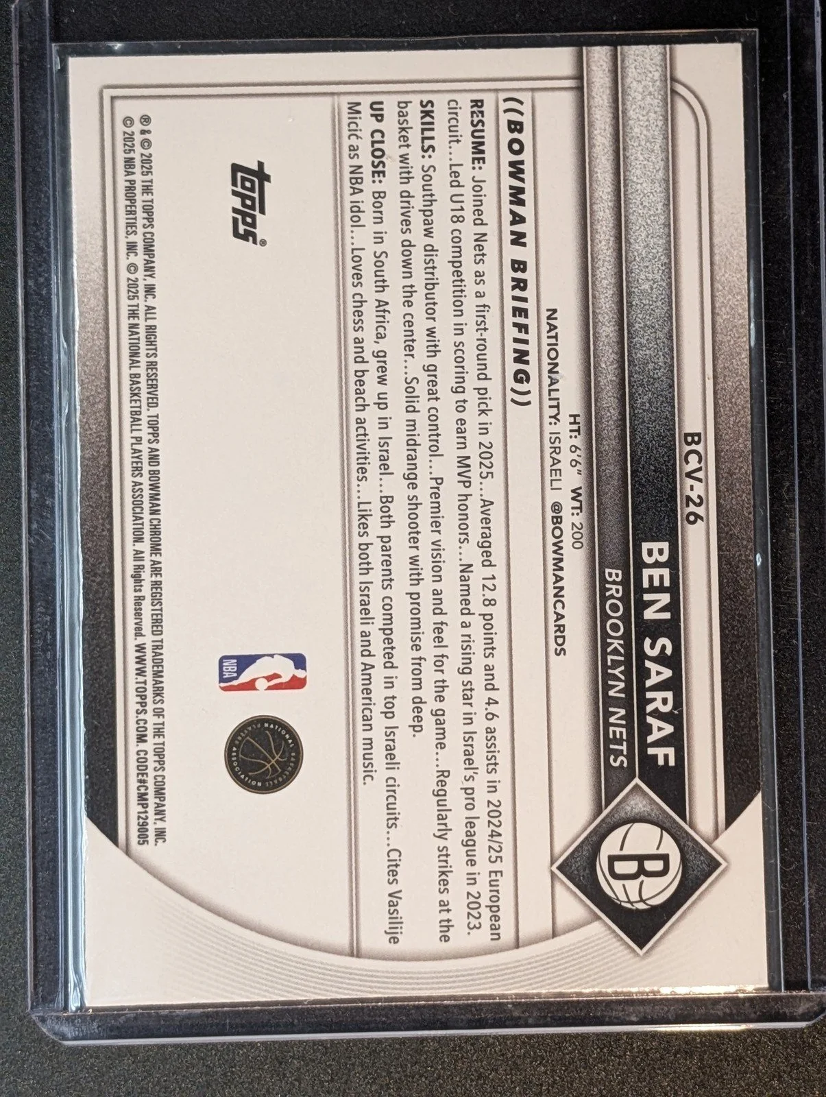 Back of 2025-26 Bowman #BCV-26 Ben Saraf Chrome
