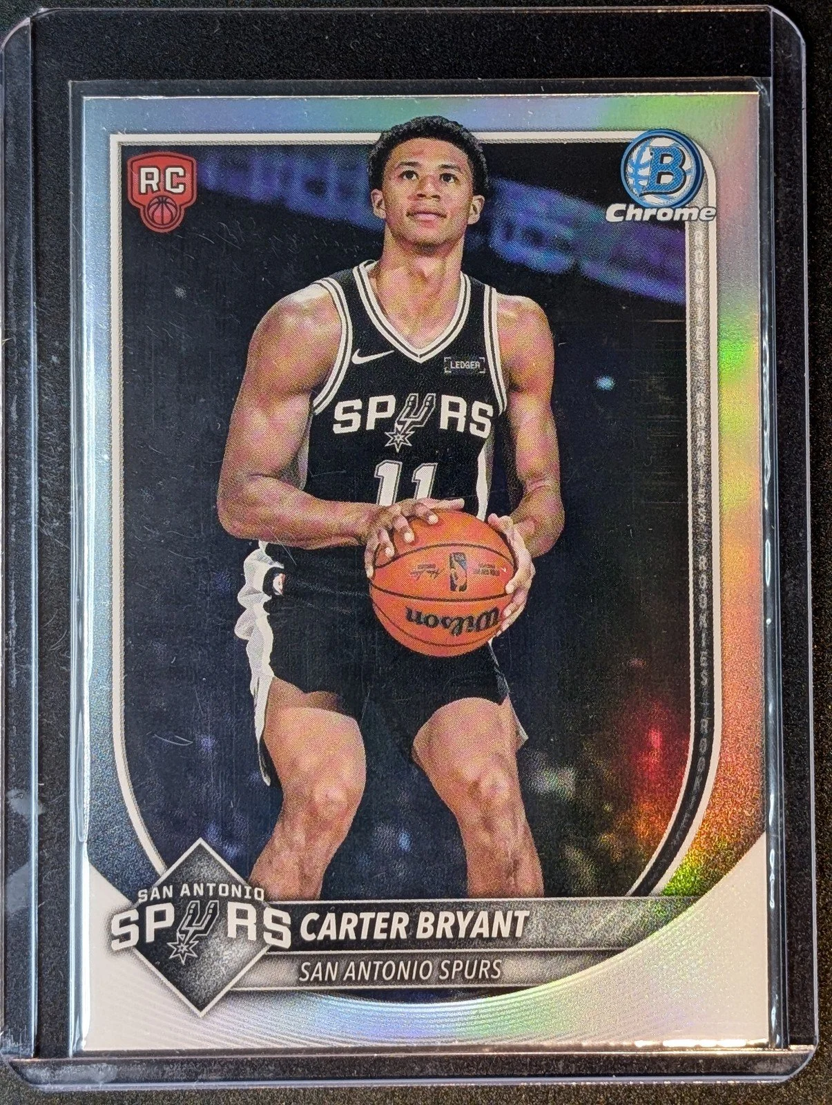 Front of 2025-26 Bowman #BRR-14 Carter Bryant Chrome Rookie Red RC Logo