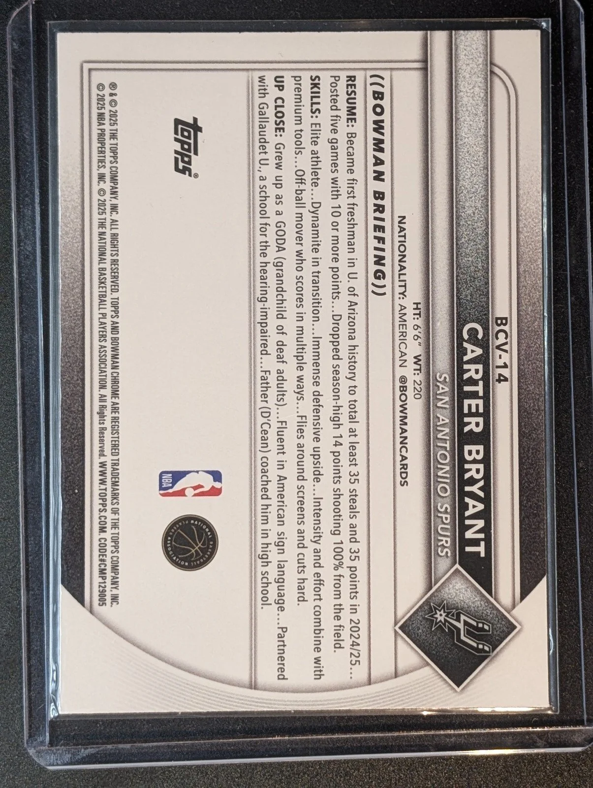 Back of 2025-26 Bowman #BCV-14 Carter Bryant Chrome Reptilian Refractors