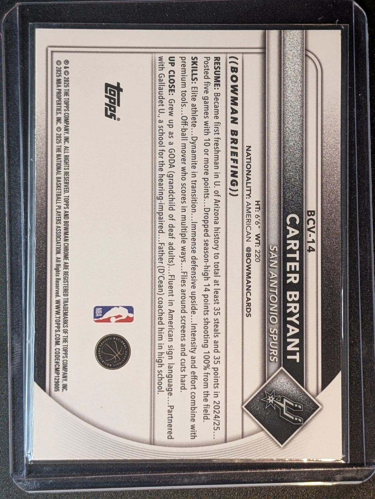 Back of 2025-26 Bowman #BCV-14 Carter Bryant Chrome
