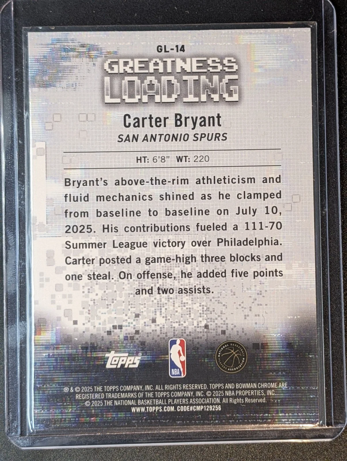 Back of 2025-26 Bowman #GL-14 Carter Bryant Greatness Loading