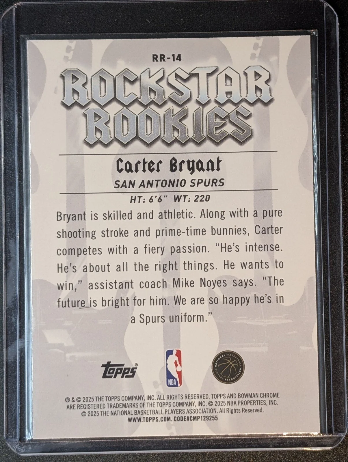 Back of 2025-26 Bowman #RR-14 Carter Bryant Rockstar Rookies