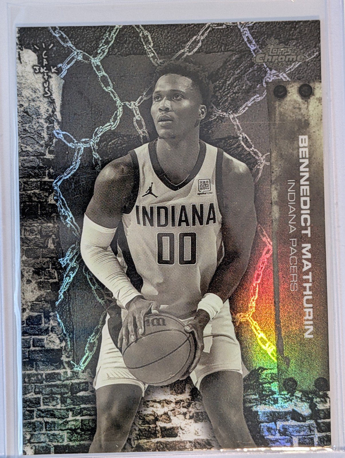Front of 2025-26 Topps Chrome Cactus Jack #16 Bennedict Mathurin Refractor