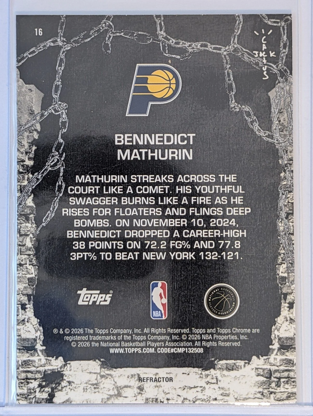 Back of 2025-26 Topps Chrome Cactus Jack #16 Bennedict Mathurin Refractor