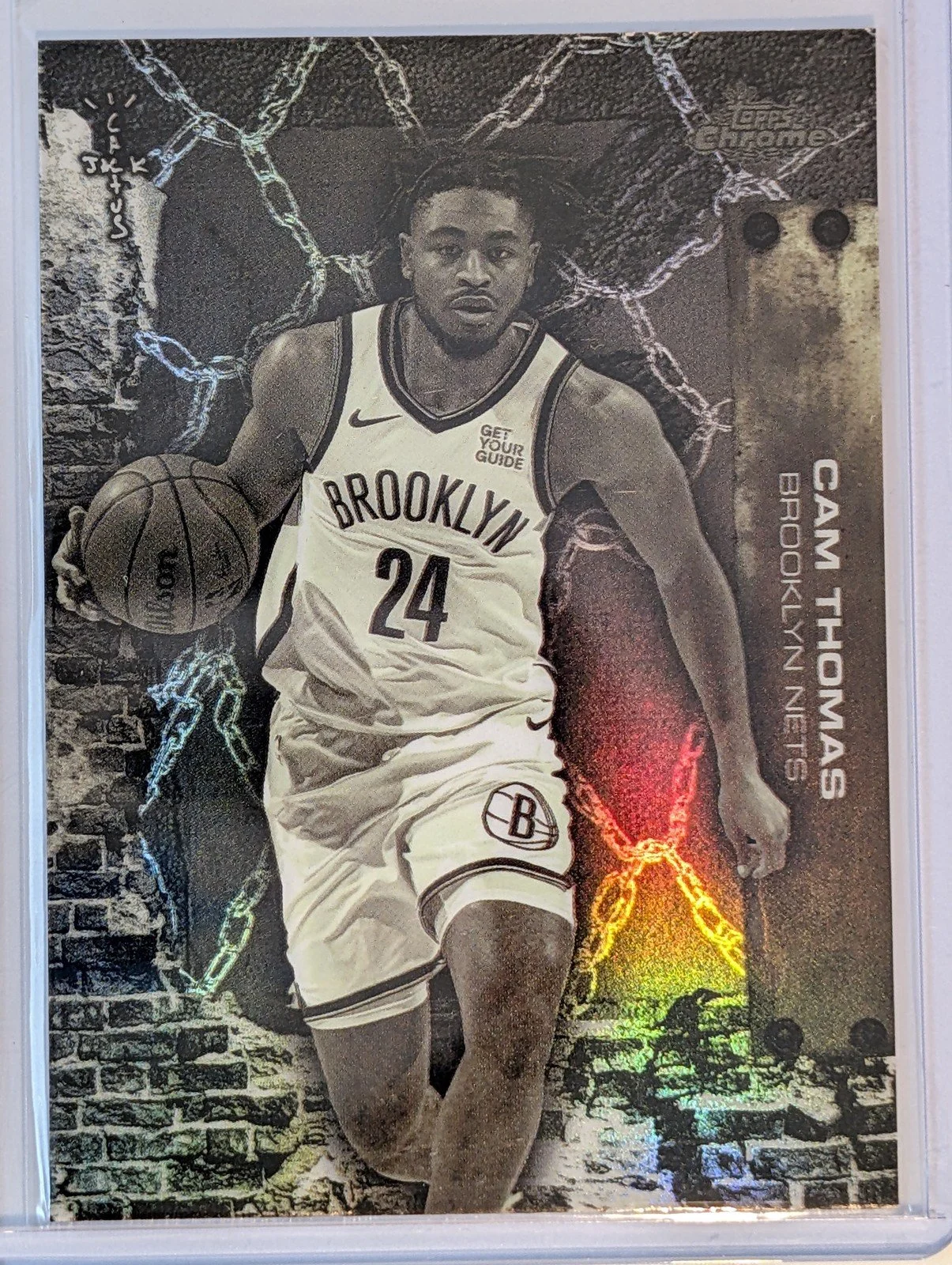 Front of 2025-26 Topps Chrome Cactus Jack #3 Cam Thomas Refractor