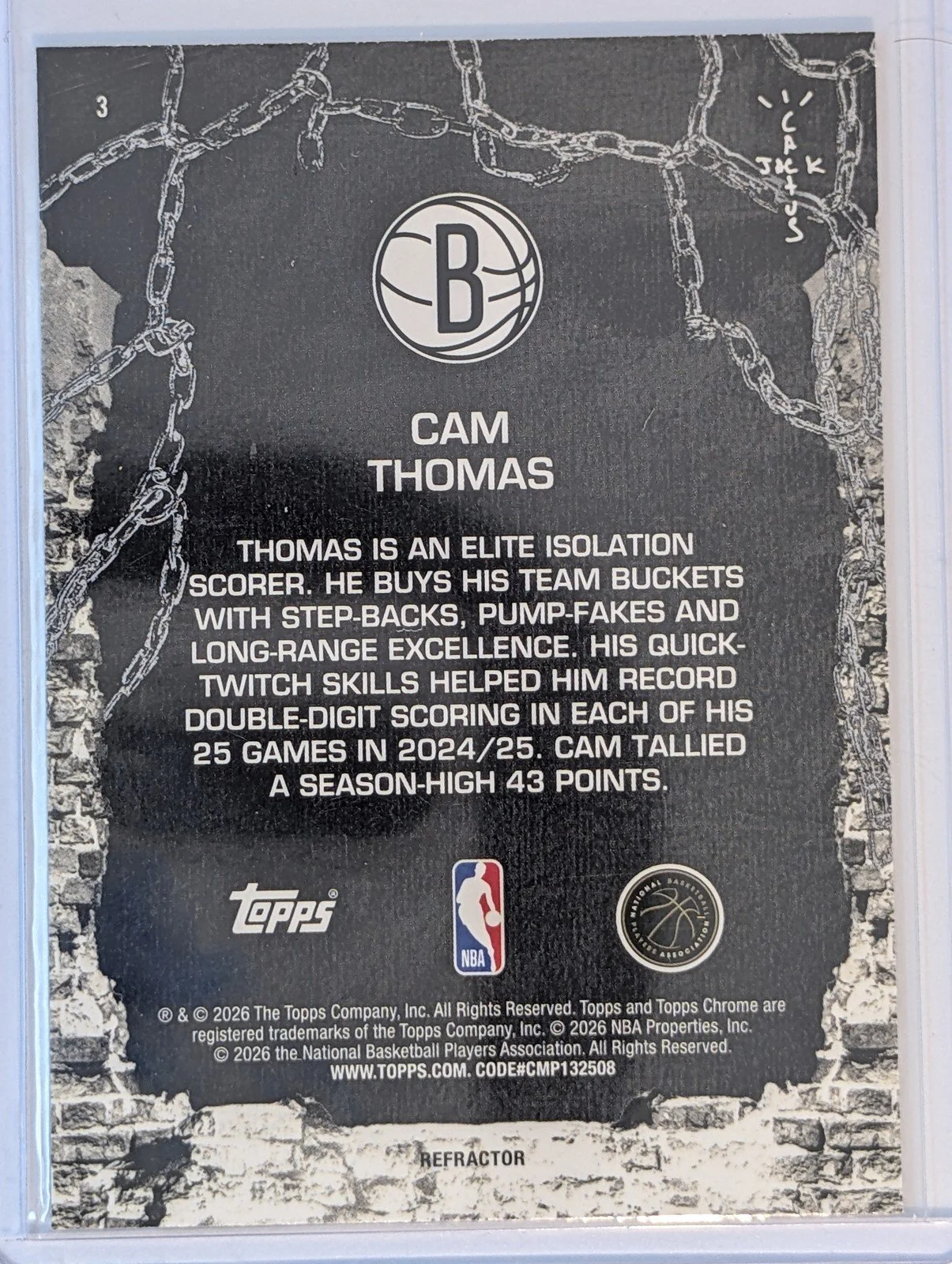 Back of 2025-26 Topps Chrome Cactus Jack #3 Cam Thomas Refractor