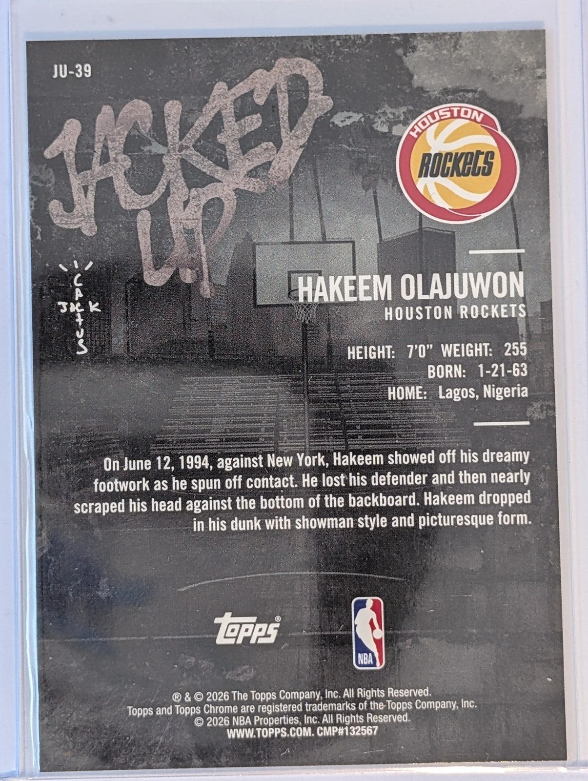 Back of 2025-26 Topps Chrome Cactus Jack #JU-39 Hakeem Olajuwon Jacked Up