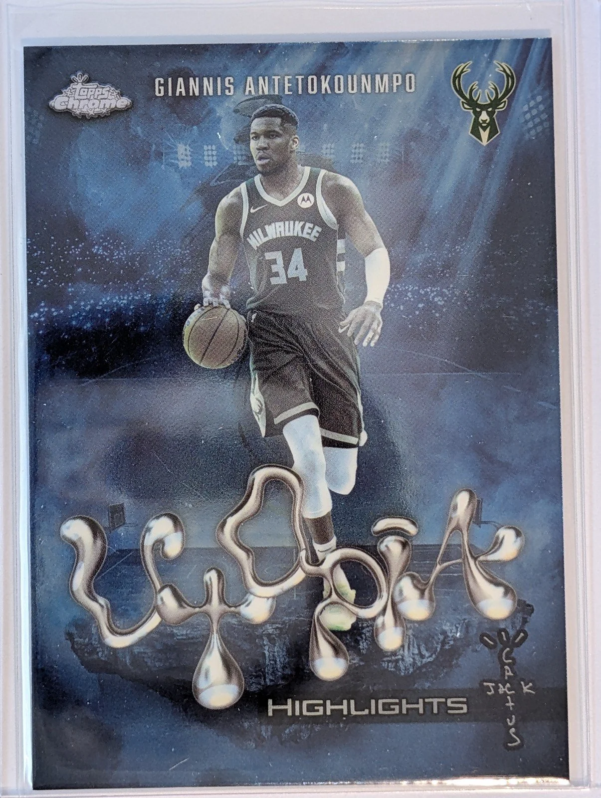 Front of 2025-26 Topps Chrome Cactus Jack #UH-5 Giannis Antetokounmpo Utopia Highlights