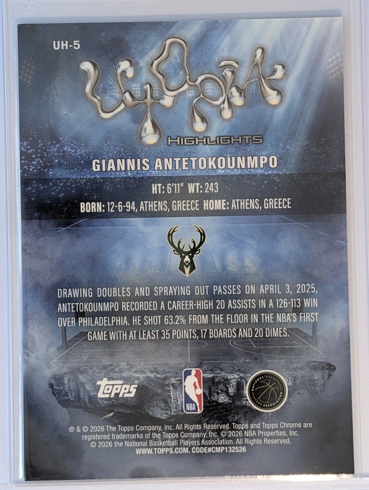 Back of 2025-26 Topps Chrome Cactus Jack #UH-5 Giannis Antetokounmpo Utopia Highlights