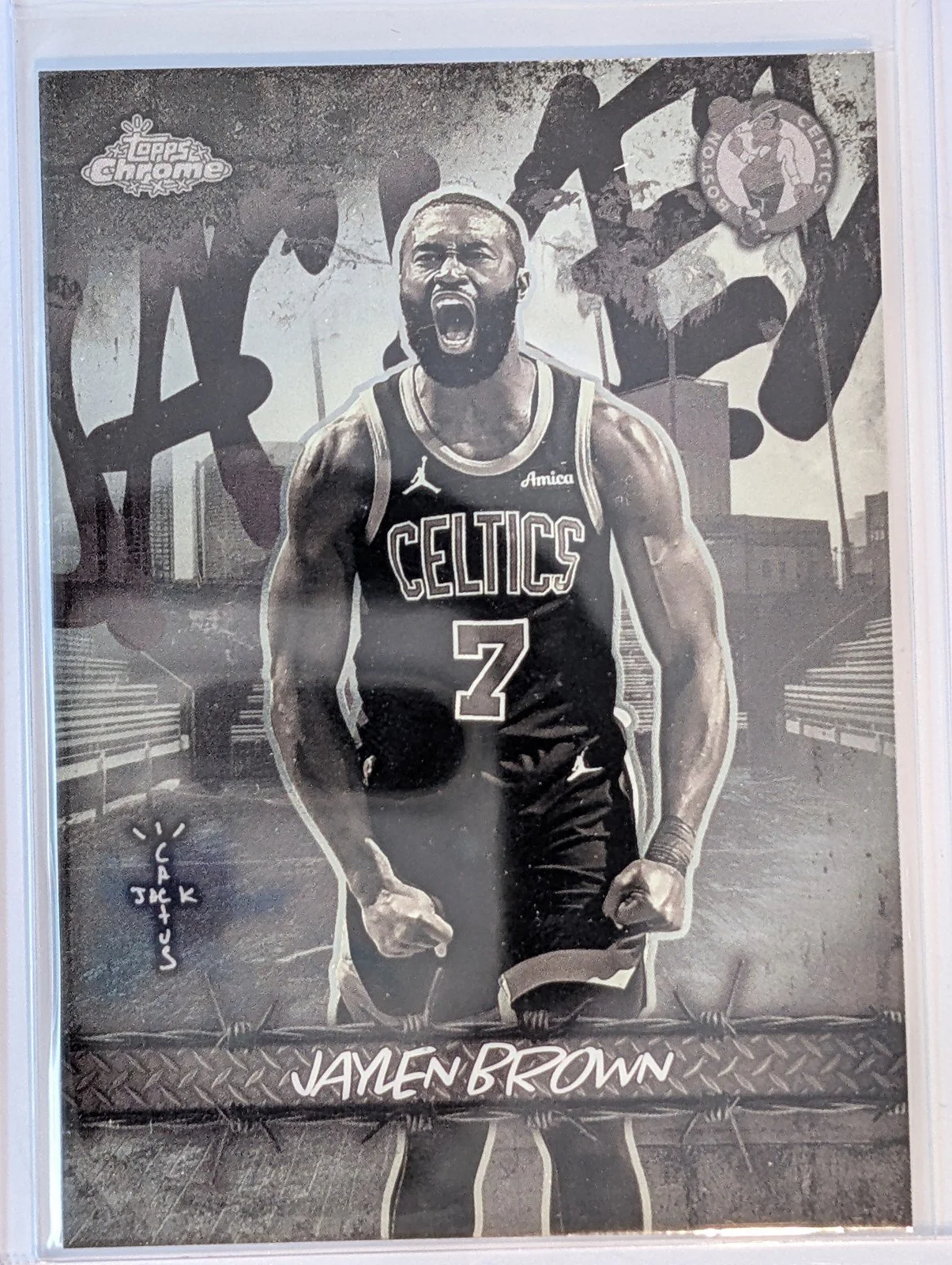 Front of 2025-26 Topps Chrome Cactus Jack #JU-12 Jaylen Brown Jacked Up